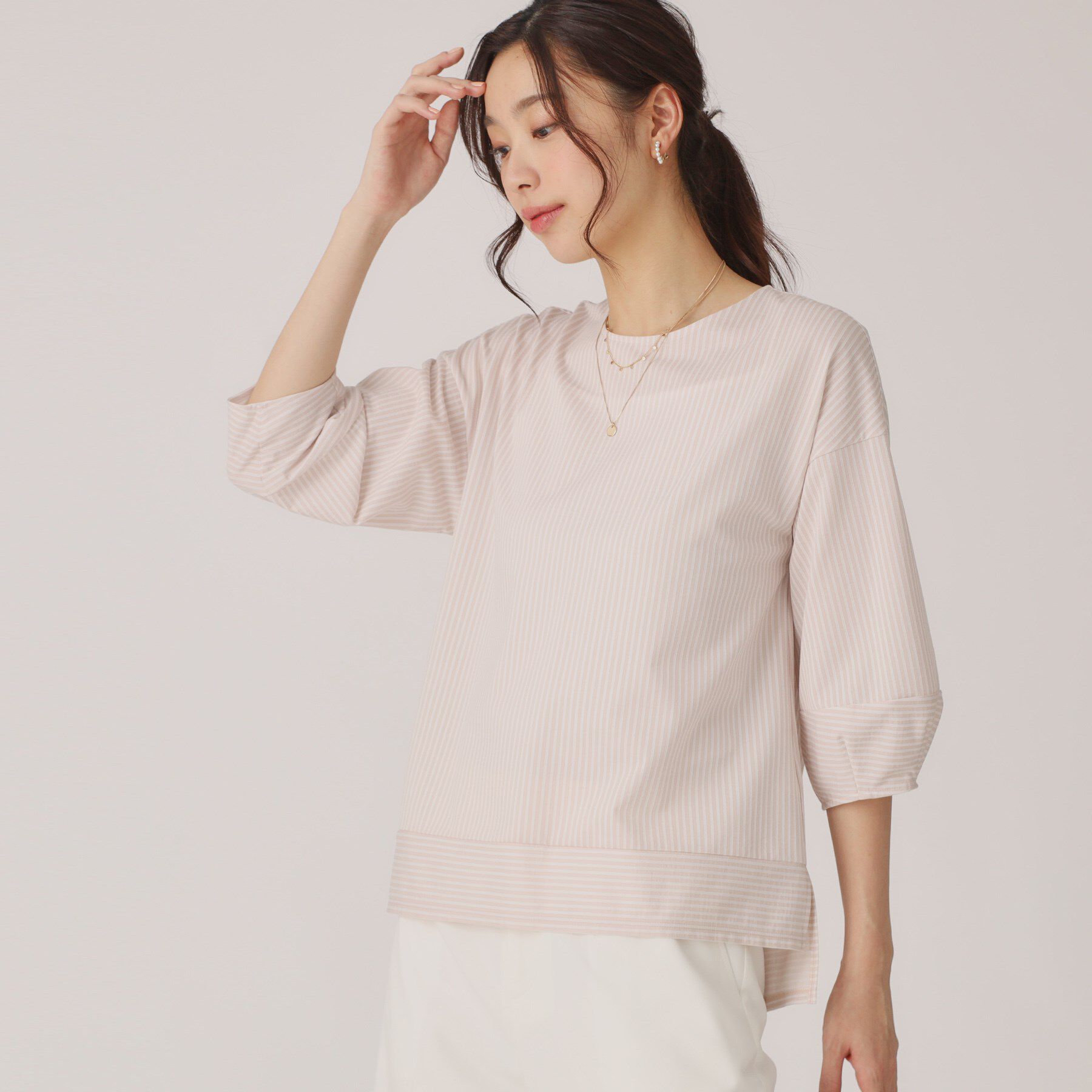 COUP DE CHANCE「【洗える／日本製／】ストライプ柄ジャージのトップス」|Tシャツ・カットソー|グレージュ(350)