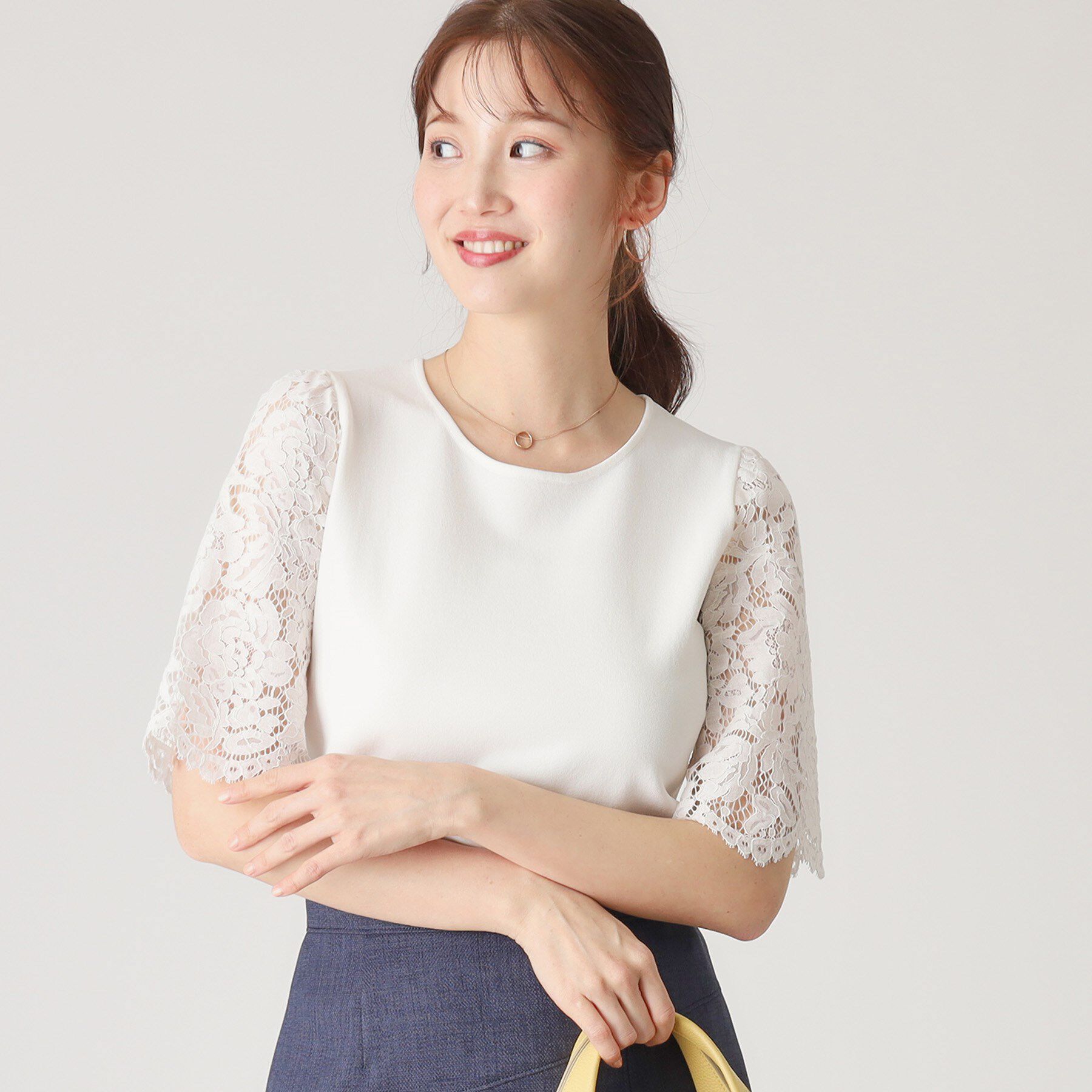 COUP DE CHANCE「【洗える】華やかなレース袖ニットトップス」|ニット・セーター|ホワイト(001)