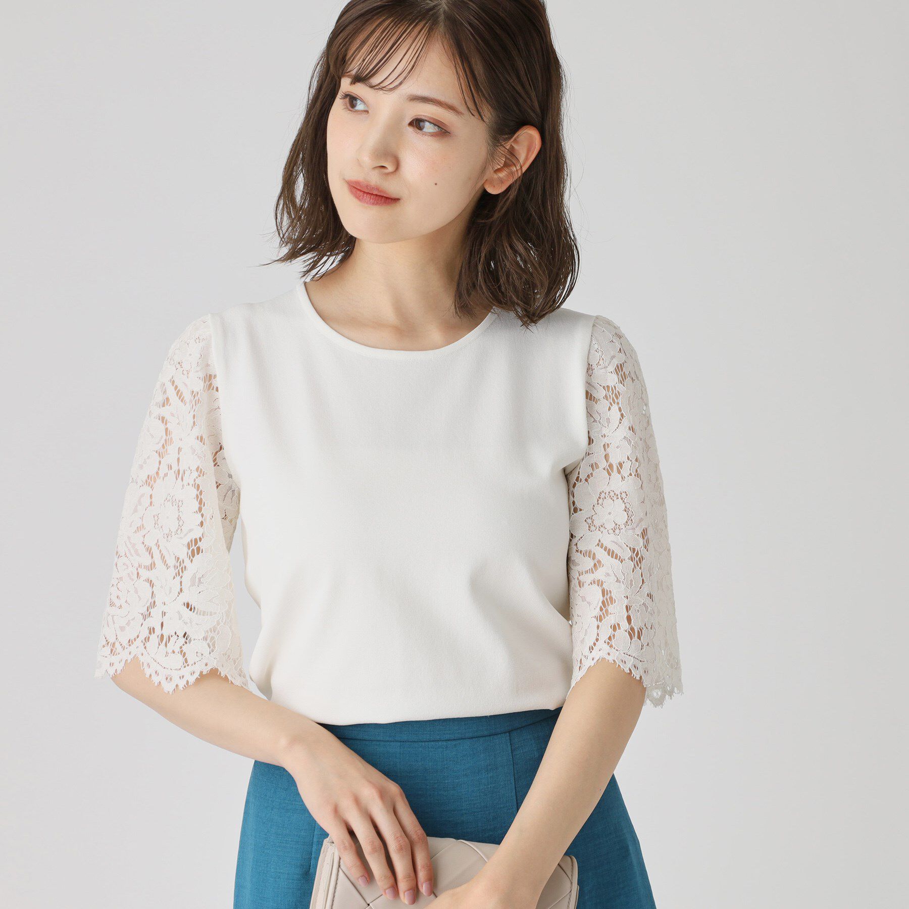 COUP DE CHANCE「【洗える】華やかなレース袖ニットトップス」|ニット・セーター|ホワイト(601)