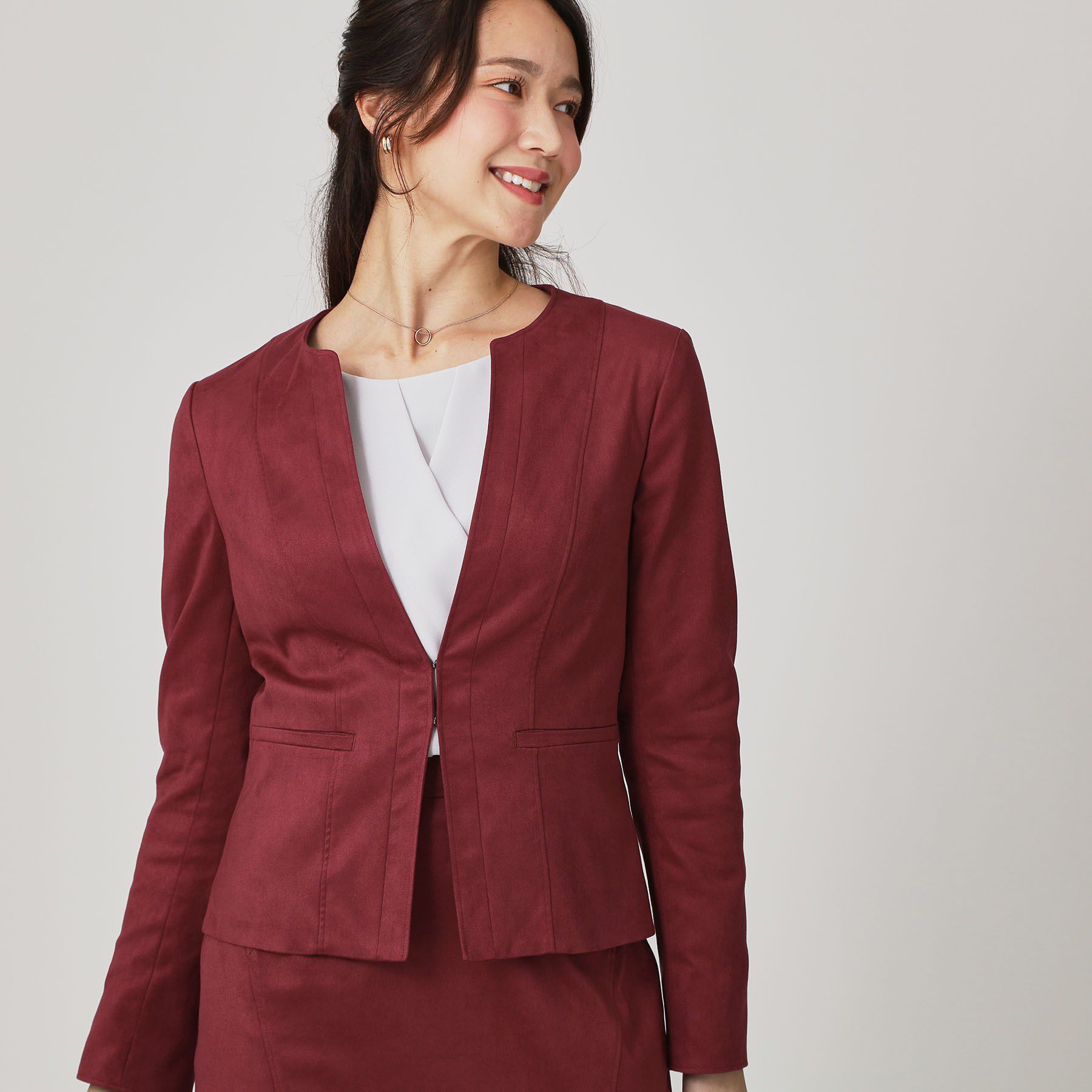 COUP DE CHANCE「【手洗い可／日本製】スェード調ノーカラージャケット」|ノーカラージャケット|ボルドー(064)