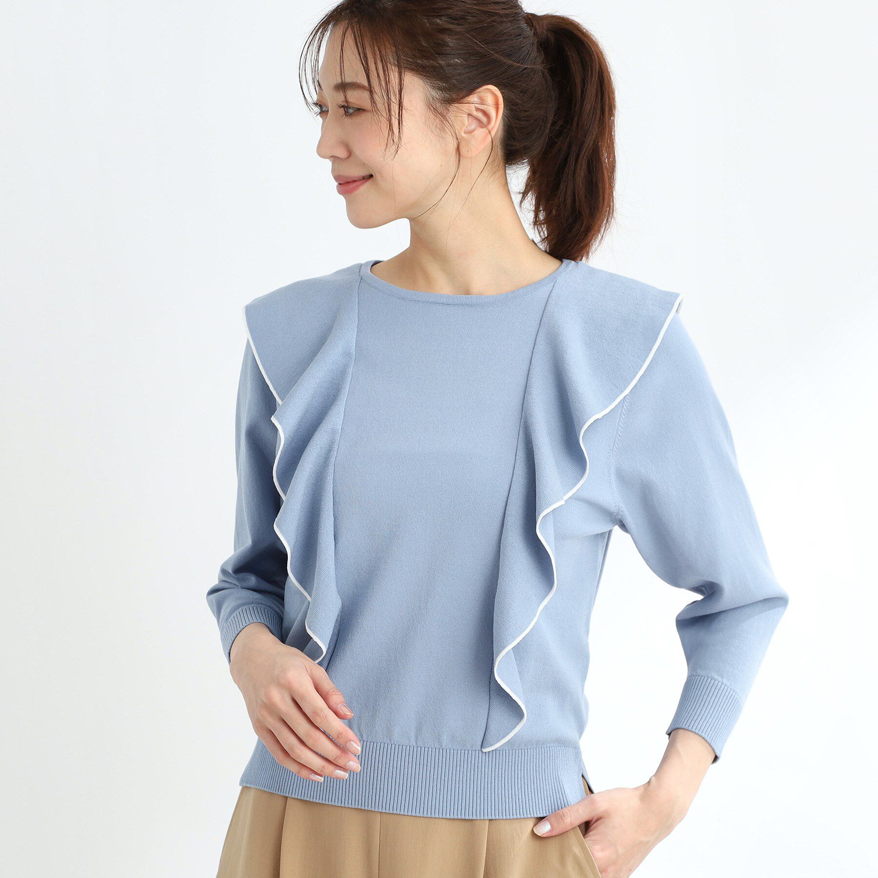 Reflect「ラッフルフリルプルオーバーニット」|ニット・セーター|サックスブルー(59
