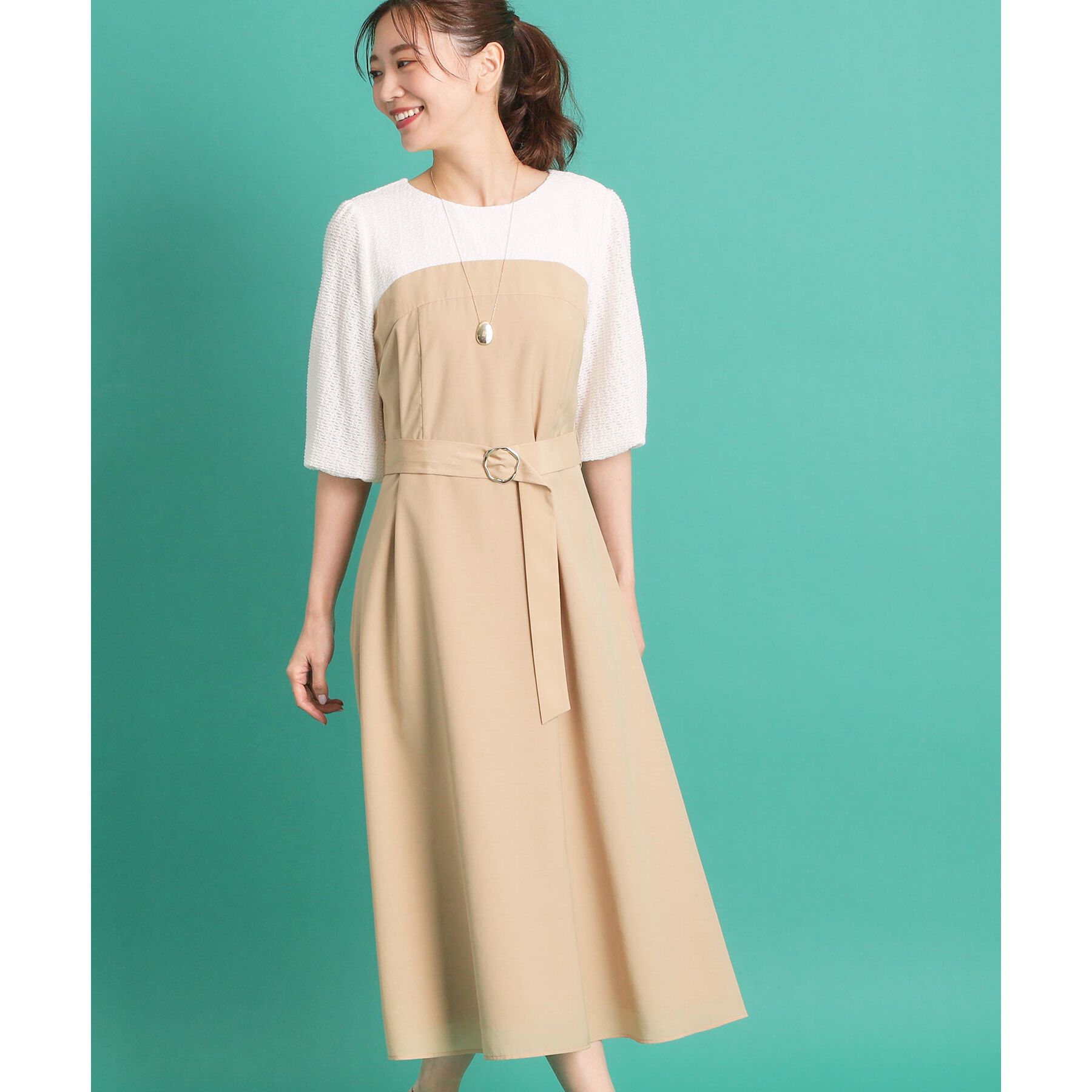 Reflect「【手洗い可／セットアップ可】異素材ミックスワンピース」|ワンピース|キャメルブラウン(0