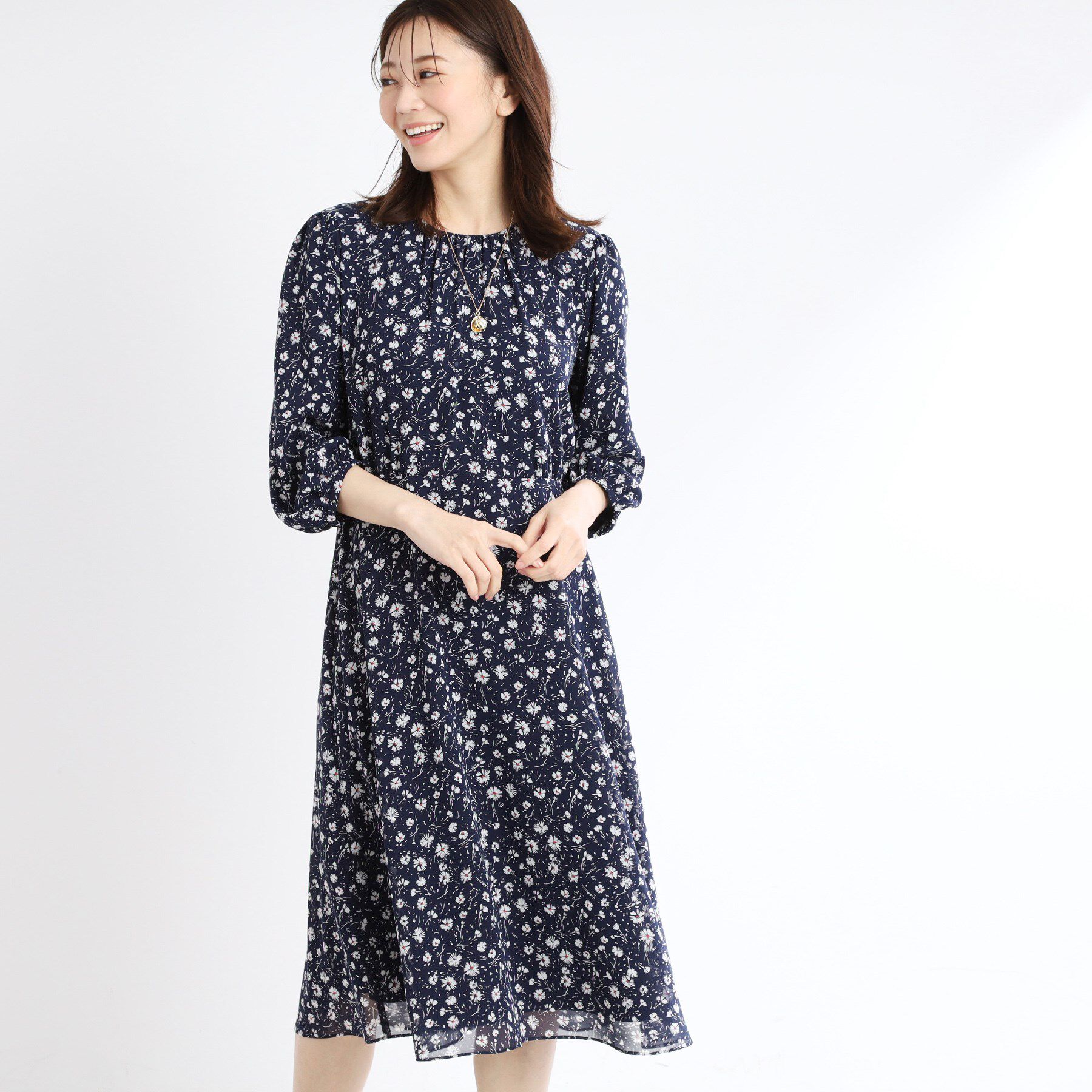 Reflect「【マシンウォッシュ可】フラワープリントワンピース」|ワンピース|ネイビー(194)