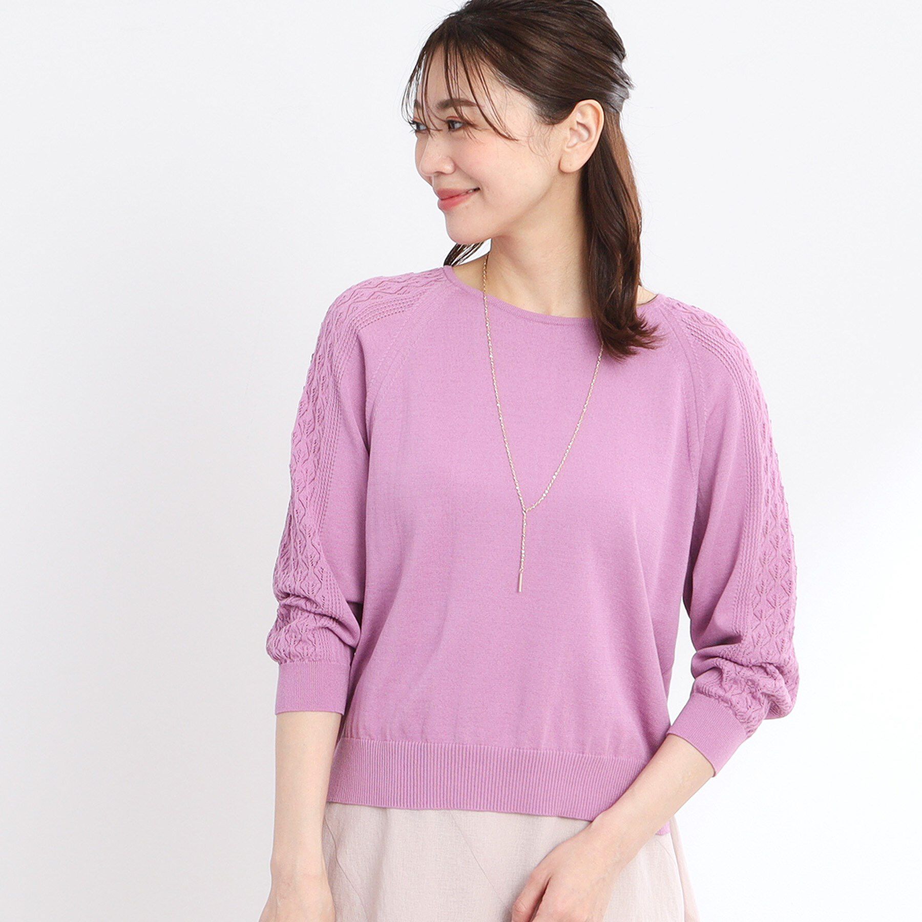 Reflect「【WEB先行カラーあり／手洗い可】透かし柄スリーブニット」|ニット・セーター|ピンク(072)