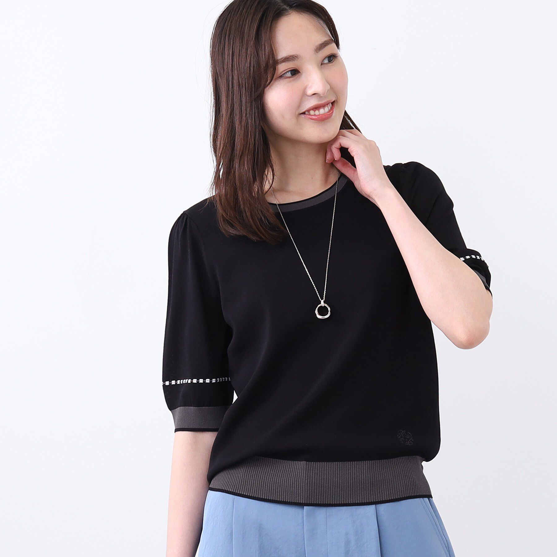 Reflect「【WEB先行カラーあり／手洗い可／アンサンブル可】バイカラー五分袖ニット」|ニット・セーター|