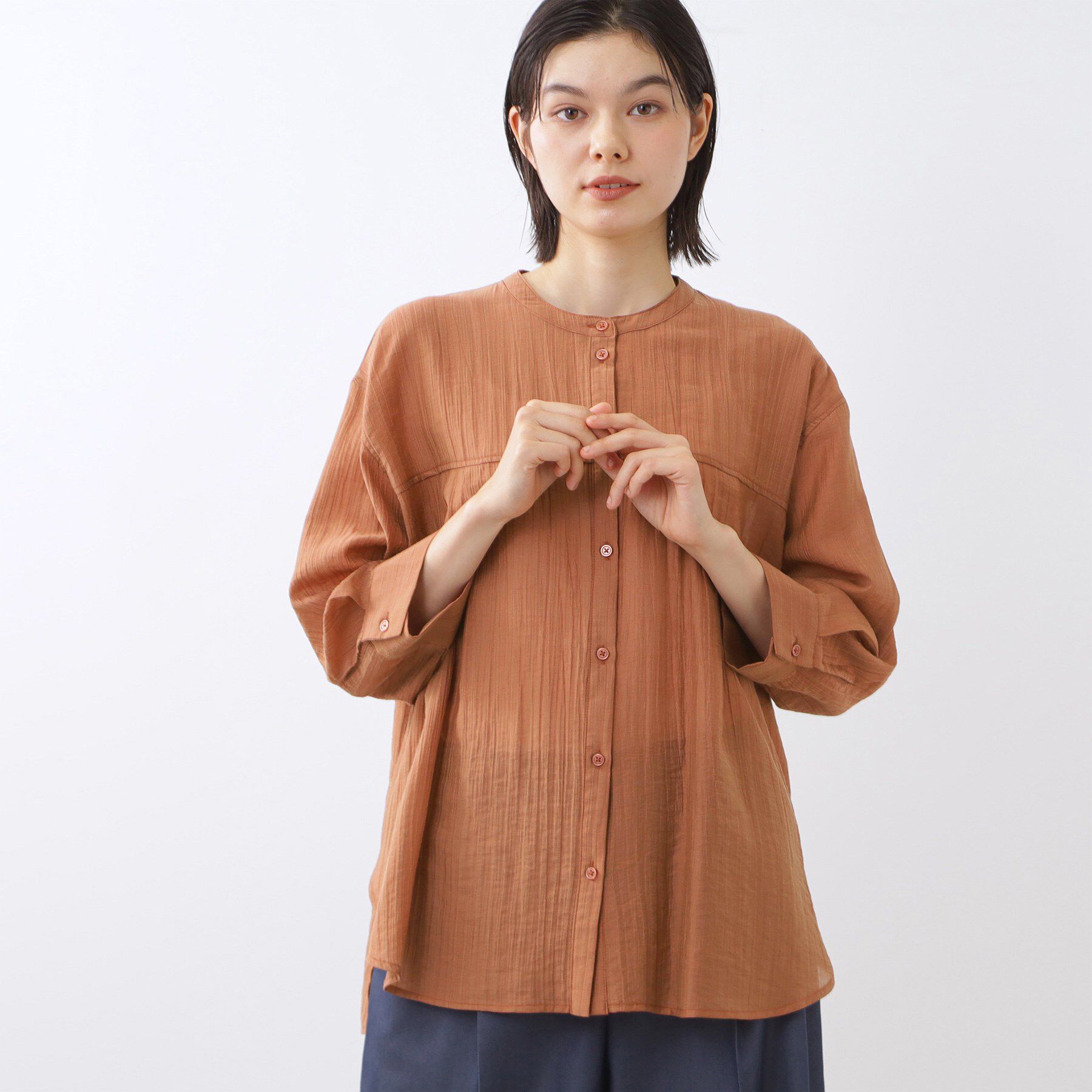 Reflect「【重ね着でも一枚着でも◎】バンドカラーオーバーサイズシャツブラウス」|シャツ・ブラウス|オレンジ(066)