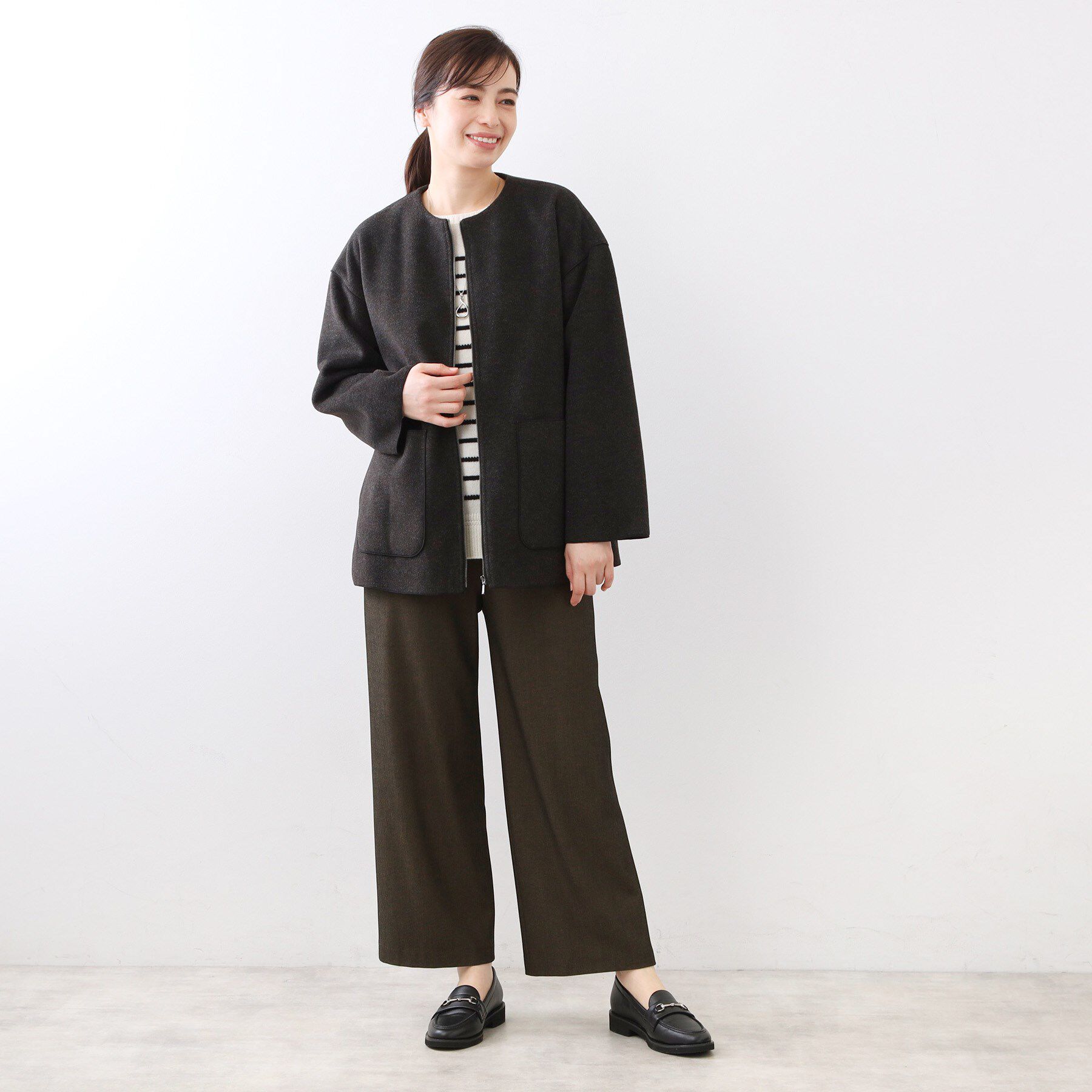 Reflect「【体型カバー／ゆったり着られる◎】リラクシーパイルコート」|ノーカラーコート|