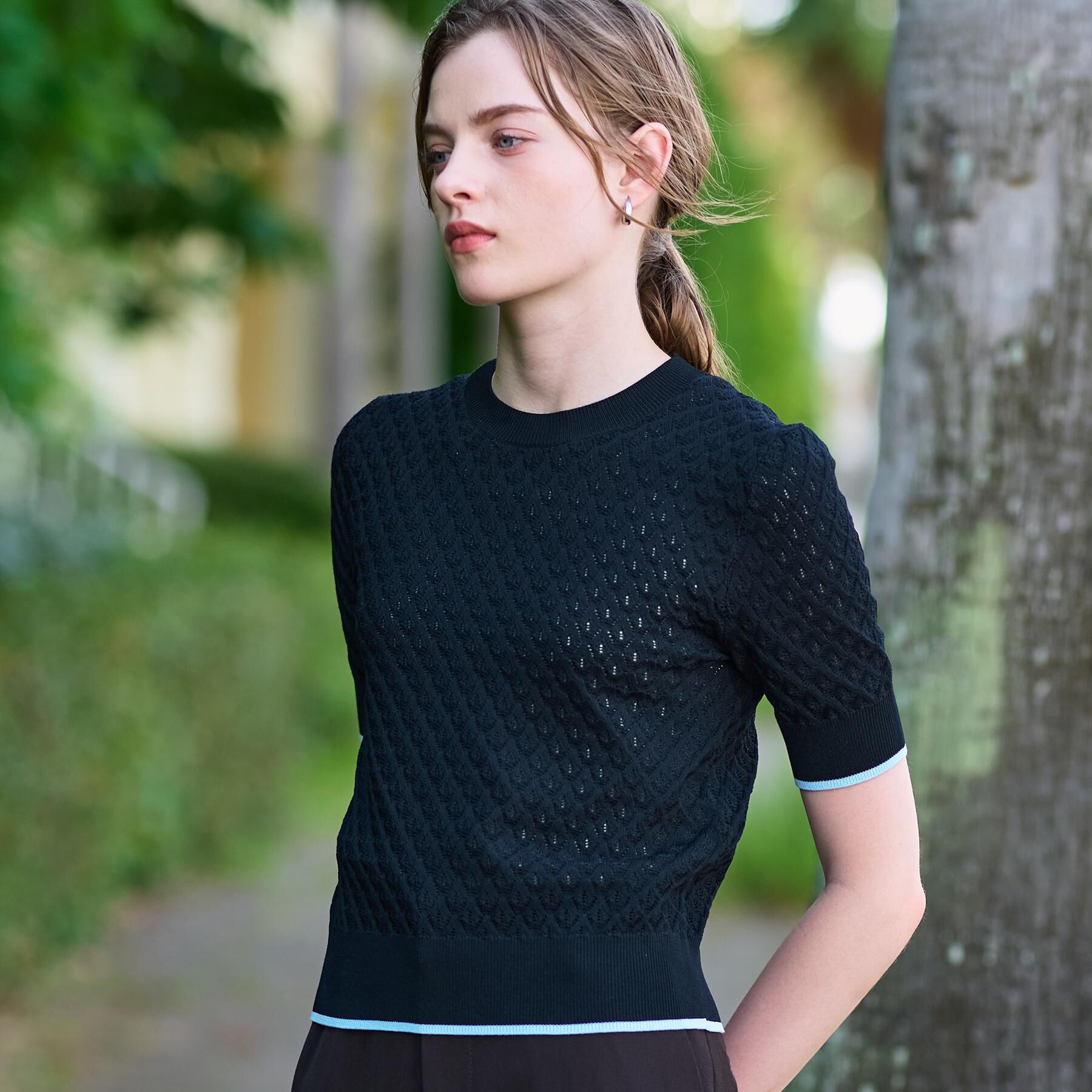 DRESSTERIOR「【6色展開/オンオフ】レース編みハーフスリーブニット」|ニット・セーター|