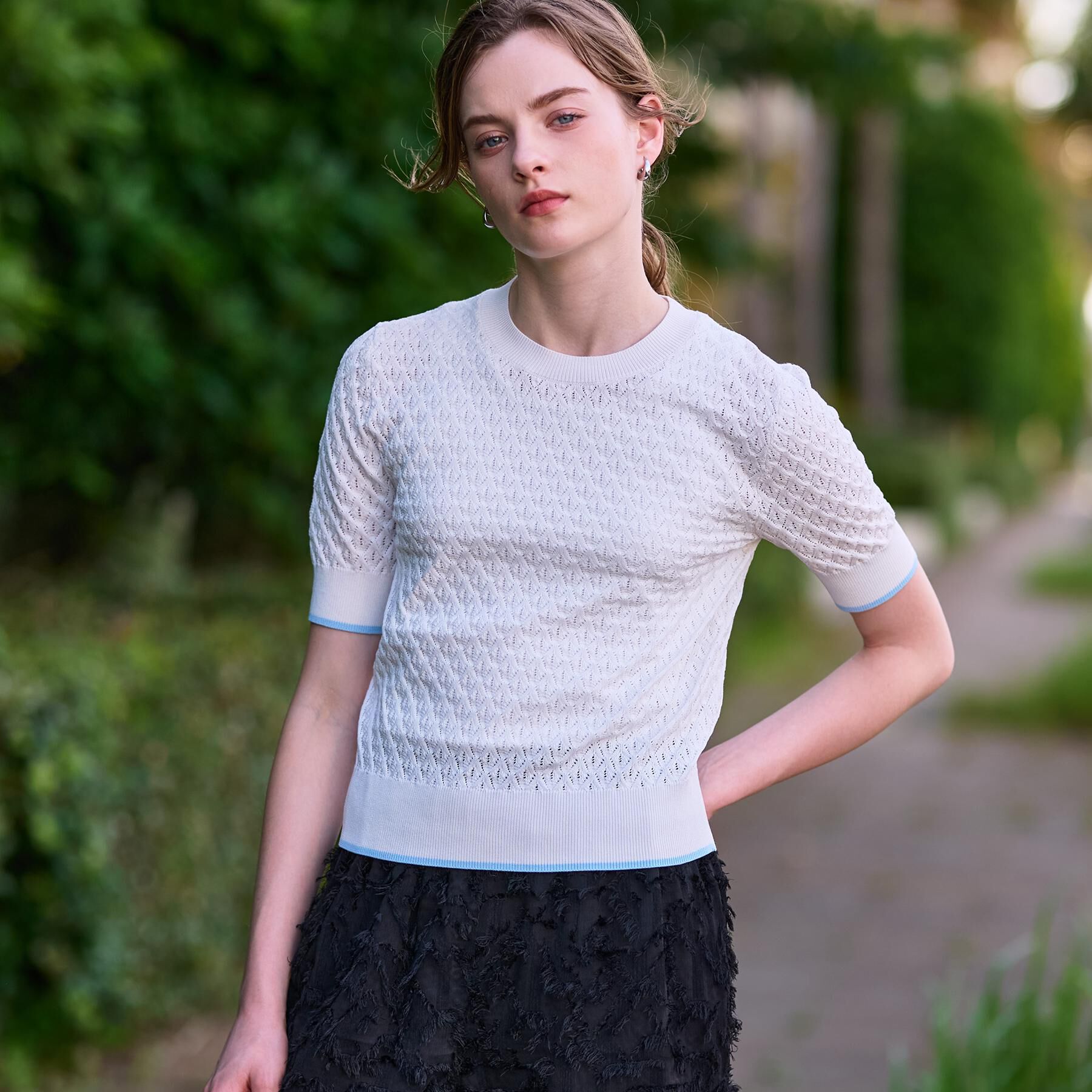 DRESSTERIOR「【6色展開/オンオフ】レース編みハーフスリーブニット」|ニット・セーター|