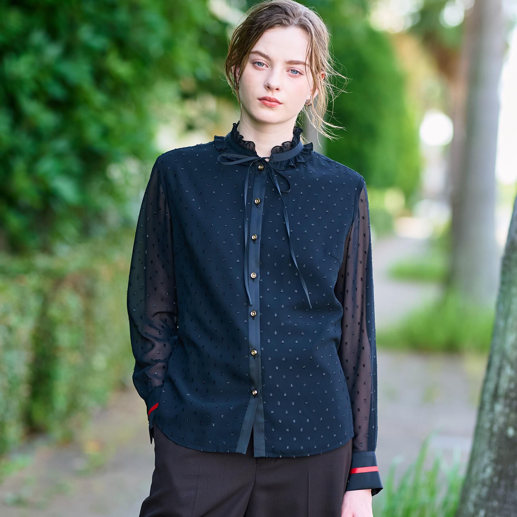 DRESSTERIOR「【洗える/シアー素材】フィルムドットブラウス」|シャツ・ブラウス|ブラック(019)