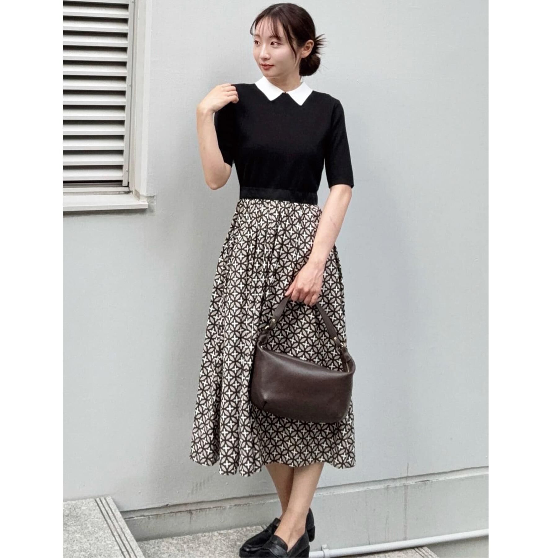 DRESSTERIOR「【ウォッシャブル】オーバーラップバイカラーニットコンビワンピース」|ワンピース|