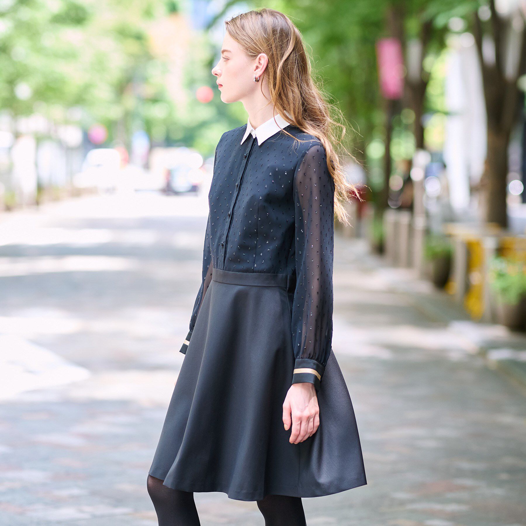 DRESSTERIOR「【ウォッシャブル/きれいめ】フィルムドットクレリックワンピース」|ワンピース|