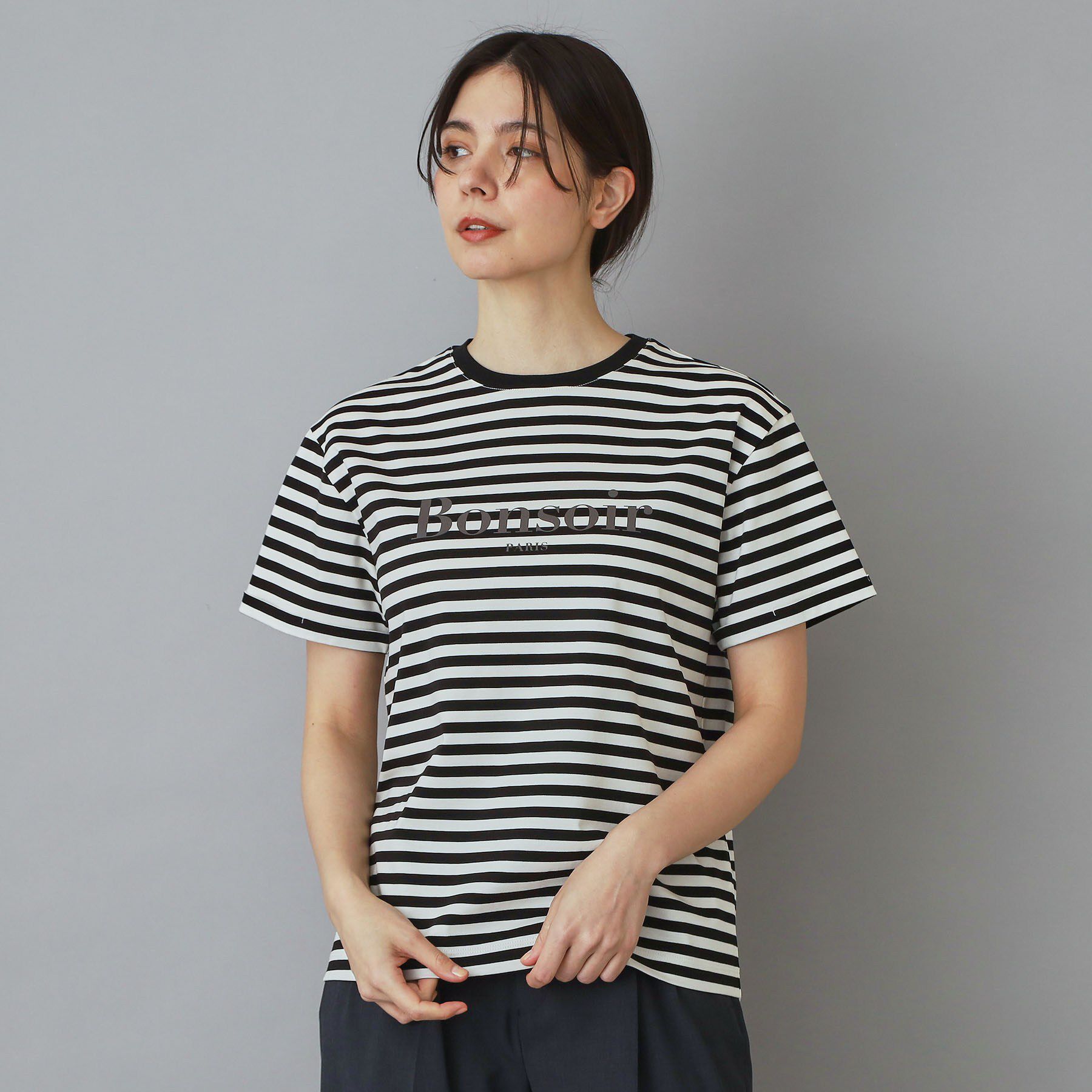 DRESSTERIOR「【接触冷感／抗菌防臭／消臭】アイスクリアコットンBonsoirロゴボーダーTシャツ」|Tシャツ・カットソー|ブラック(319)