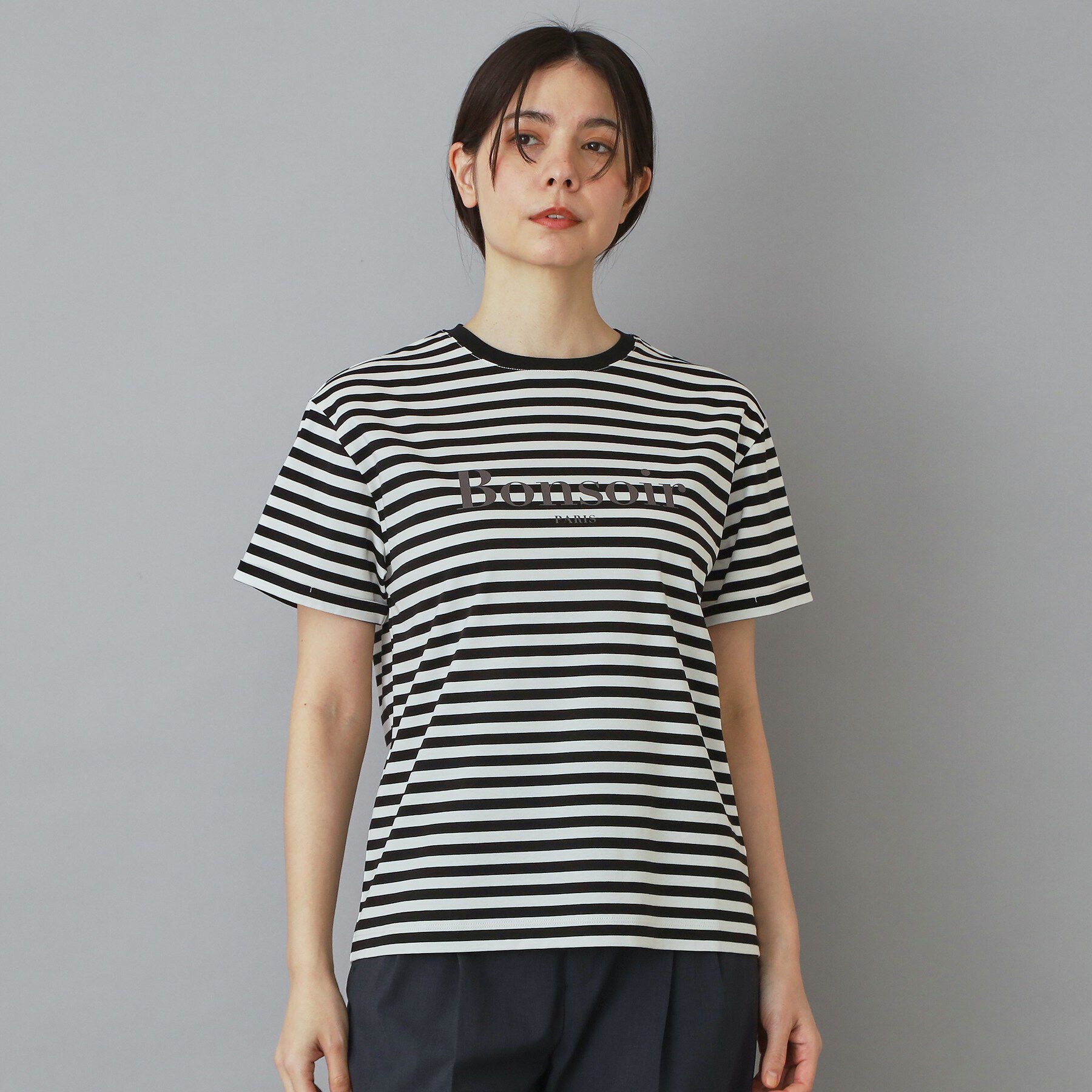 DRESSTERIOR「【接触冷感／抗菌防臭／消臭】アイスクリアコットンBonsoirロゴボーダーTシャツ」|Tシャツ・カットソー|