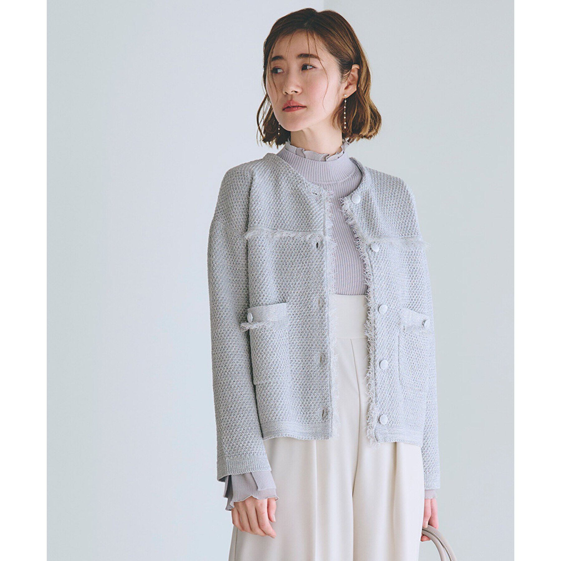 grove「ツイードニットジャケット」|ノーカラージャケット|サックスブルー(09