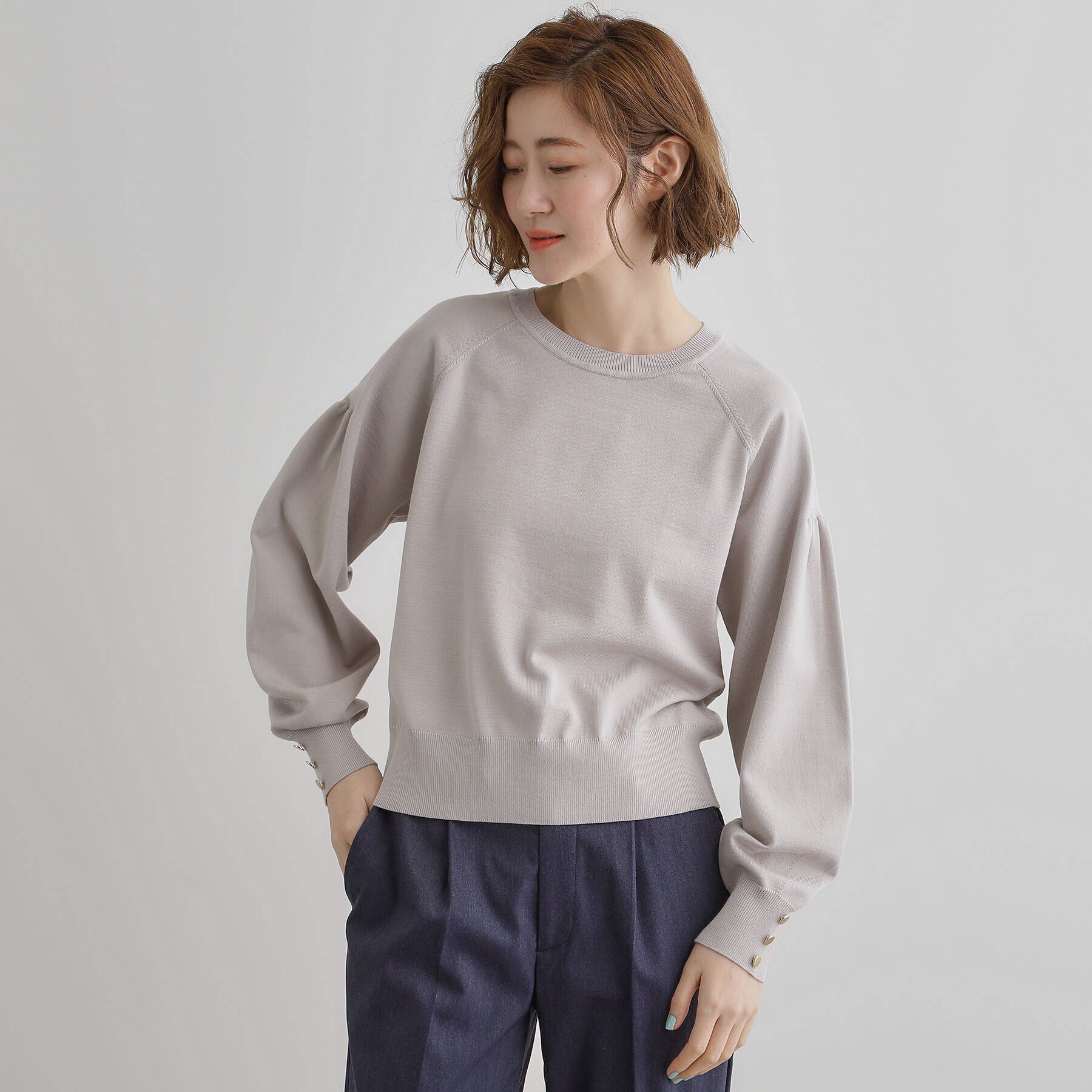 grove「袖口釦ボリュームスリーブクルーネックニット」|ニット・セーター|