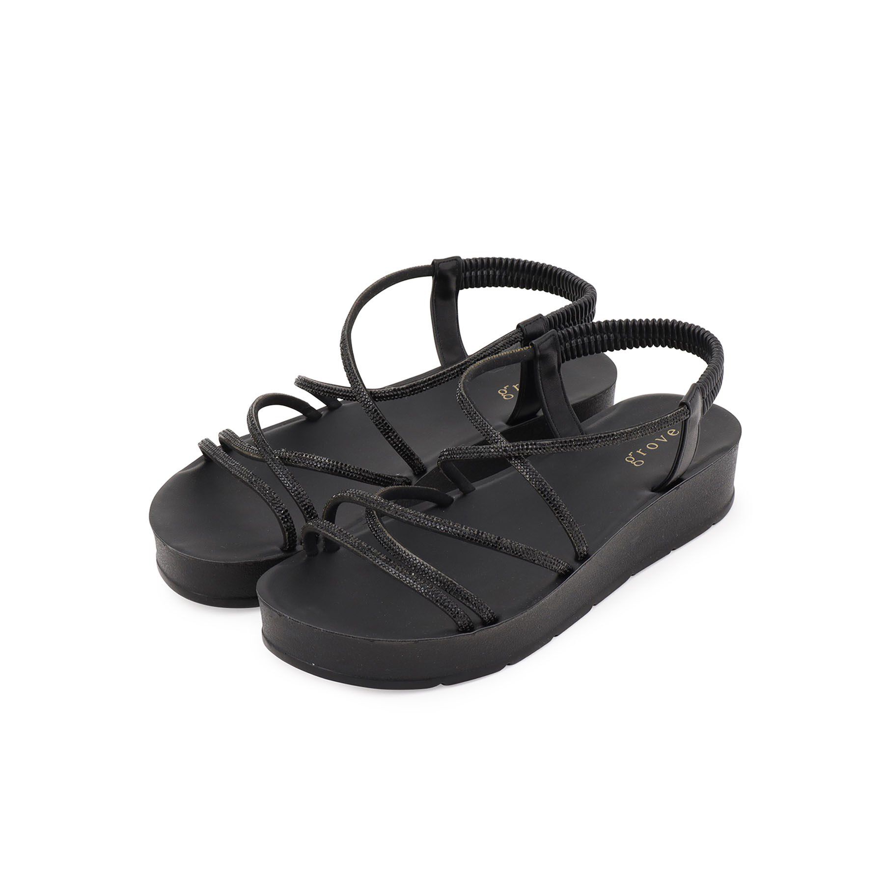 grove「【新色追加・人間工学】ワンタッチラインストーンストラップ厚底サンダル」|サンダル|ブラック(019)