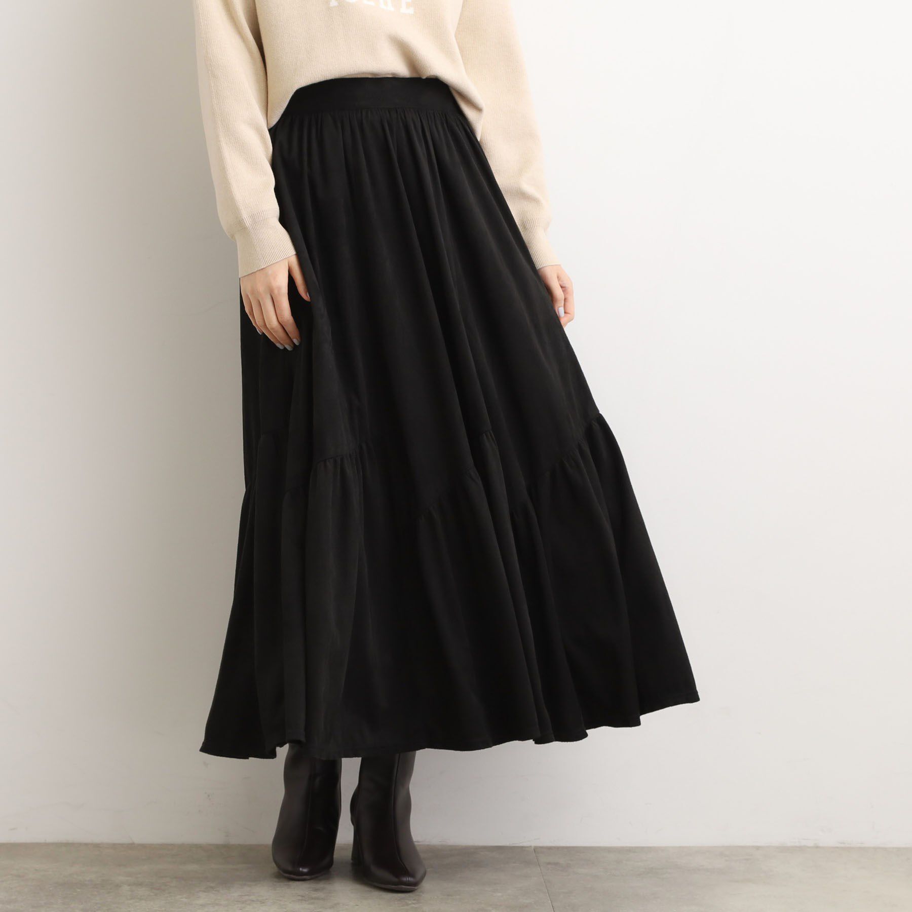 grove「スエードライク マキシティアードスカート」|スカート|ブラック(019)