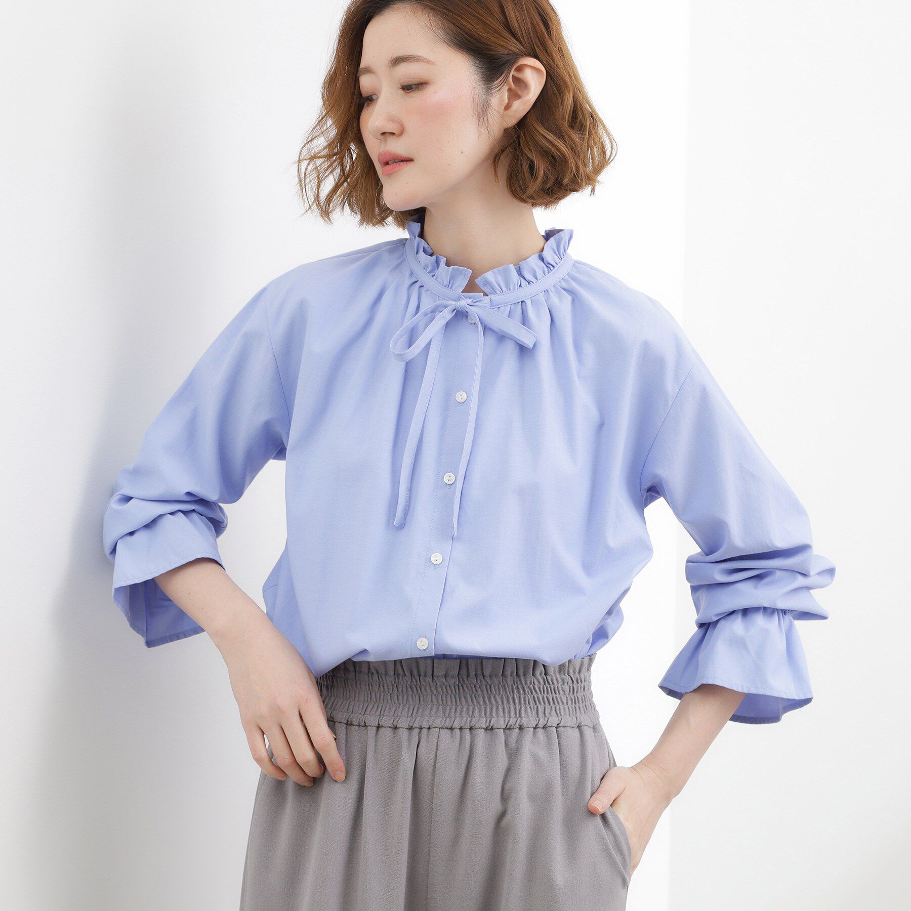 grove「フリルカラーリボンブラウス」|シャツ・ブラウス|サックス(091)
