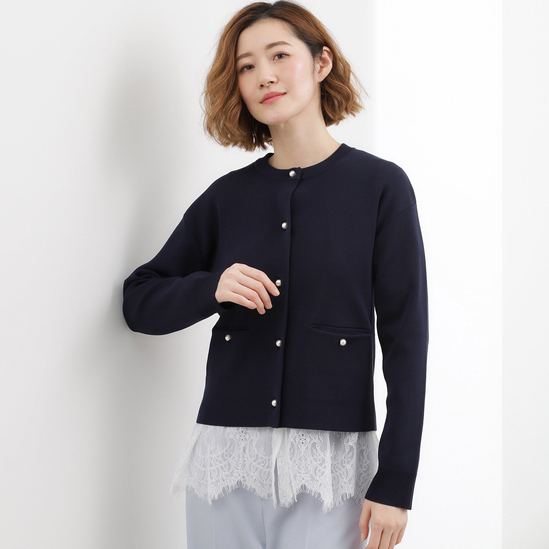 grove「【SETUP対応】パール調釦ニットカーディガン」|カーディガン|ネイビー(094)