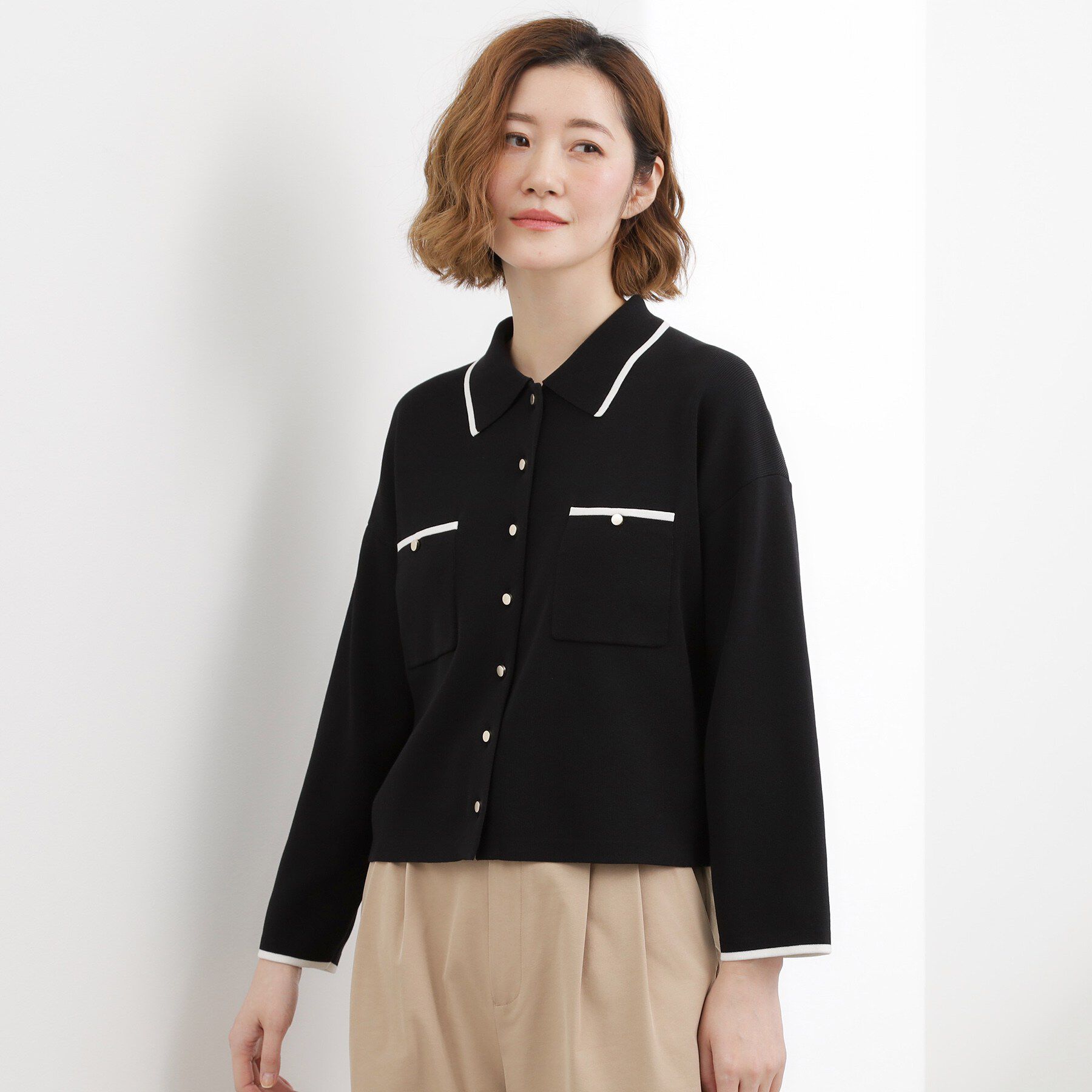 grove「一枚でも羽織でも！大人のTOPS風カーディガン」|カーディガン|オフ&times;ブラック配色(