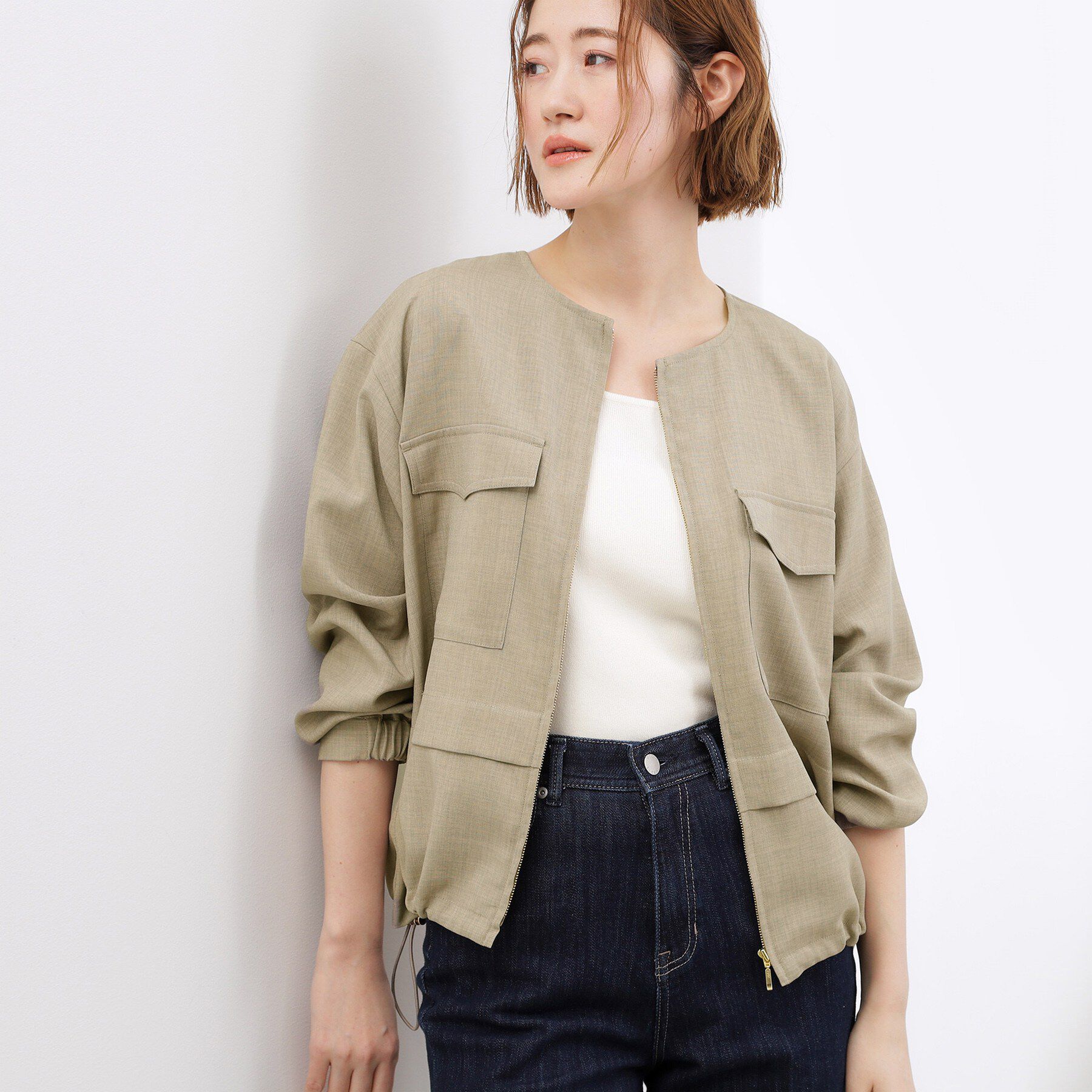 grove「【貴島明日香さん着用・洗える】麻調ノーカラーブルゾン」|ブルゾン・スタジャン|カーキ(026)