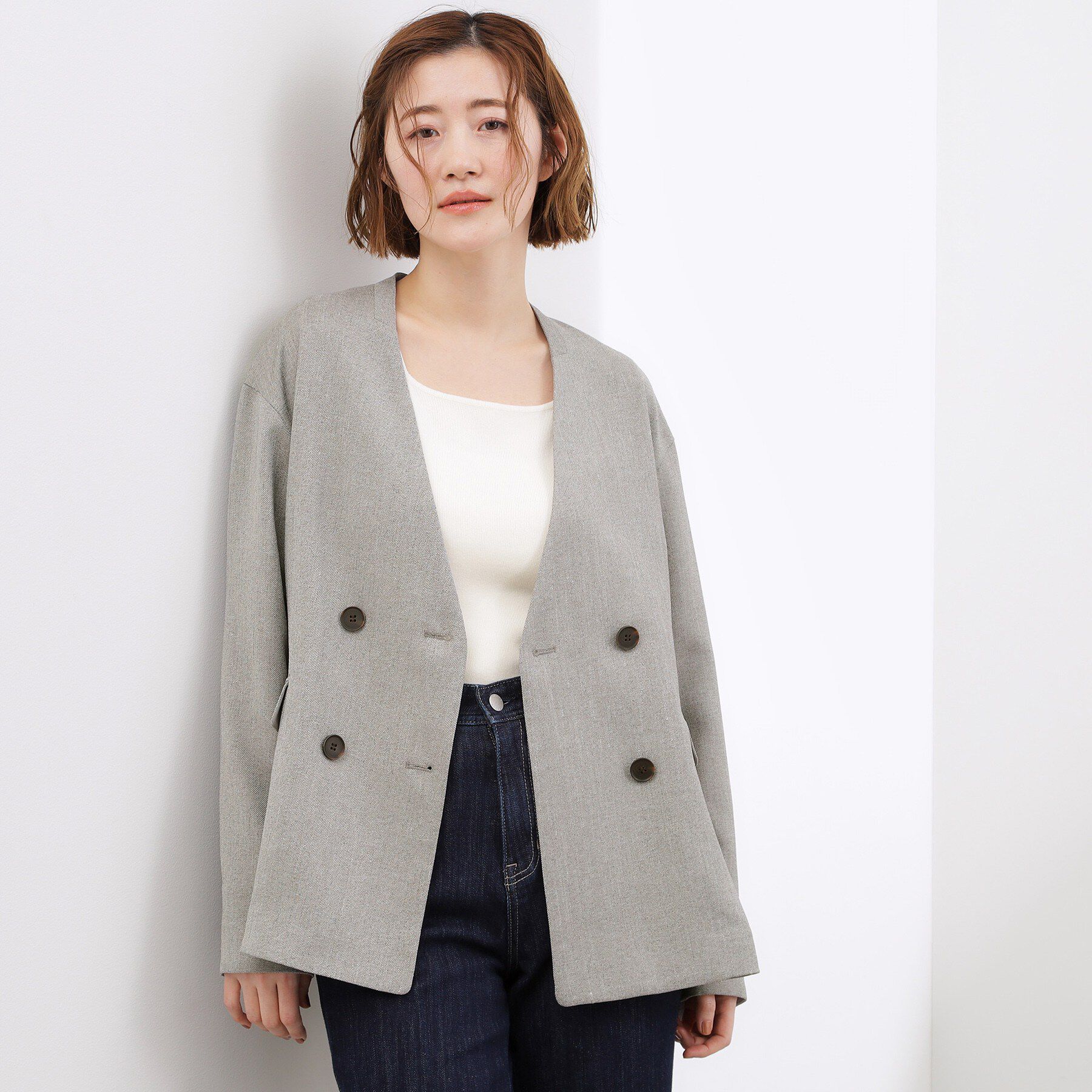 grove「【貴島明日香さん着用】リネンライクカラーレスジャケット」|ノーカラージャケット|