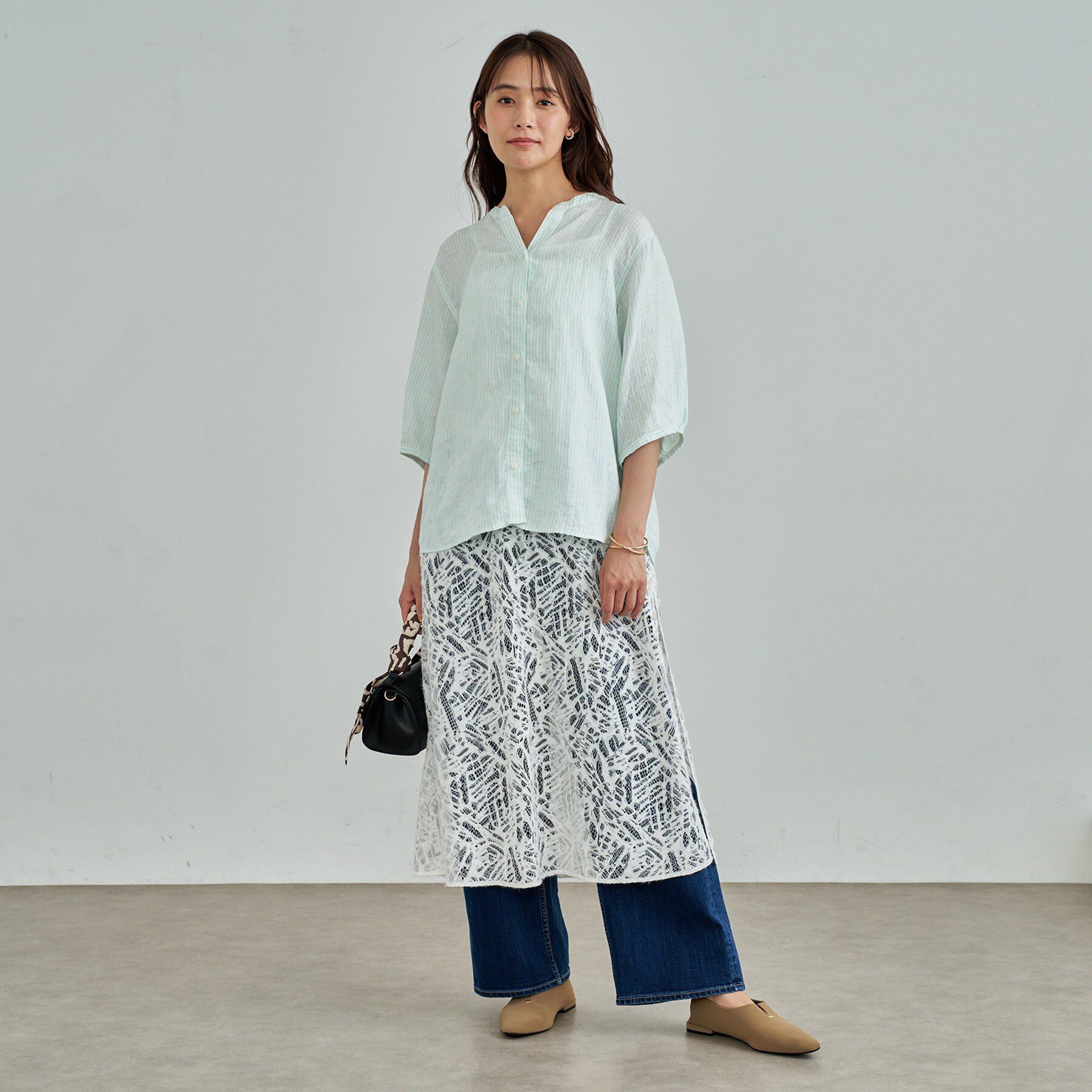 INDIVI「【毎年人気！／フレンチリネン】5分袖バンドカラーブラウス」|シャツ・ブラウス|