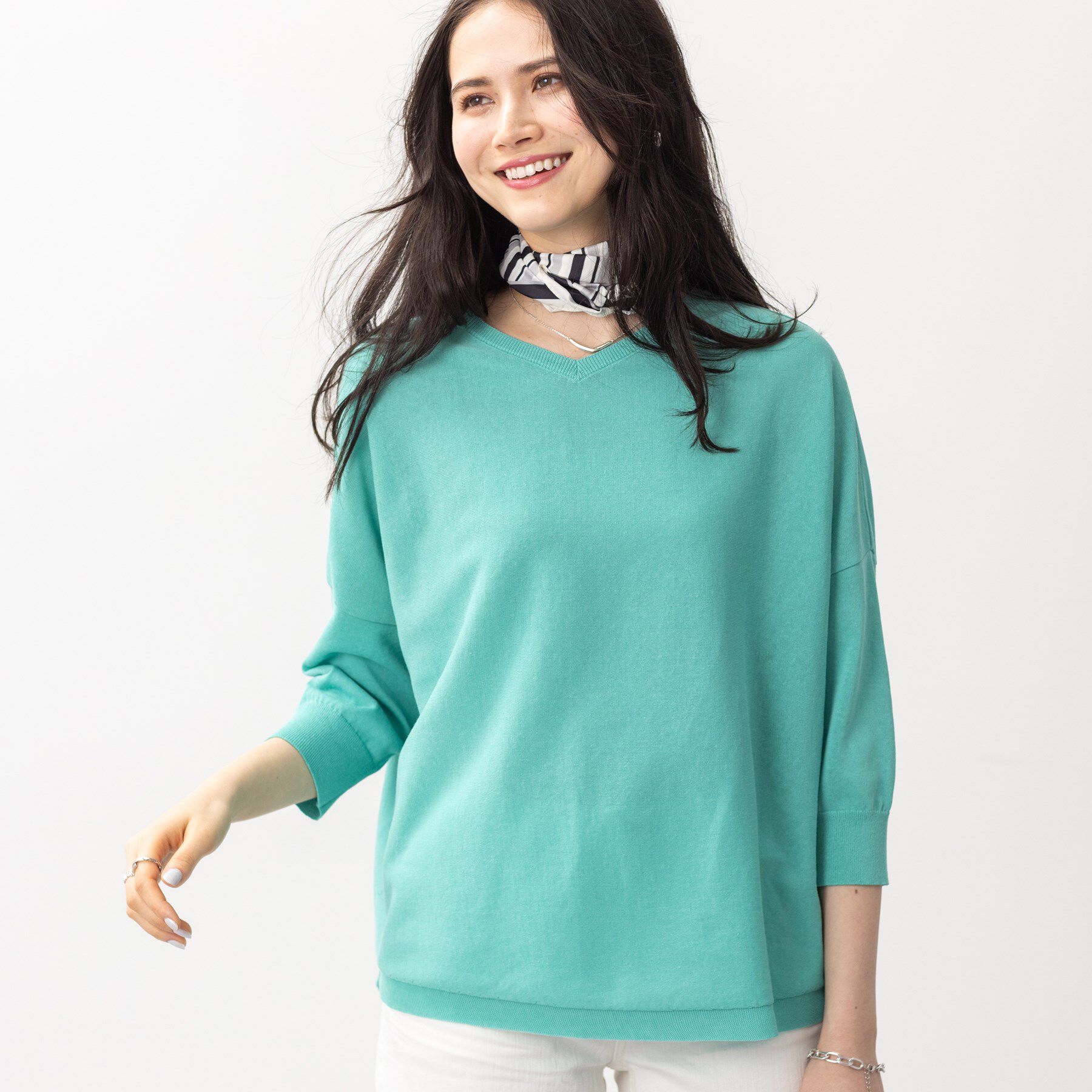 INDIVI「【洗える】コットンリネン ドルマンニット」|ニット・セーター|グリーン(022)