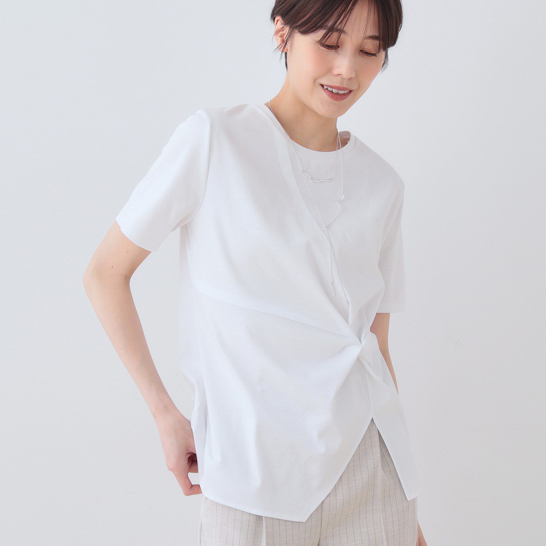 INDIVI「【洗える】ねじりデザインTシャツ」|Tシャツ・カットソー|ホワイト(001)