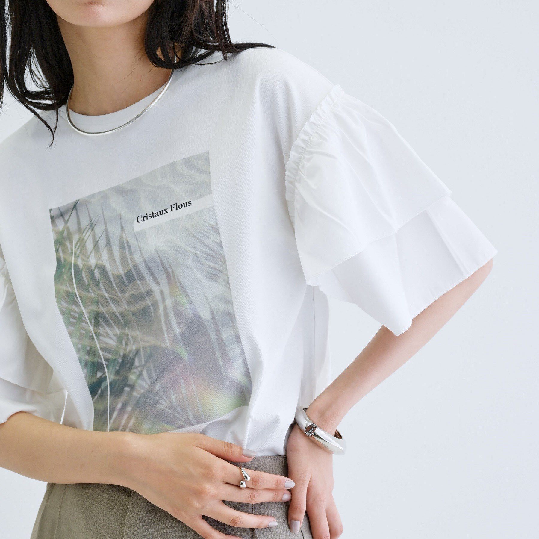 GALLEST「フリルスリーブプリントカットソー」|Tシャツ・カットソー|ホワイト(001)