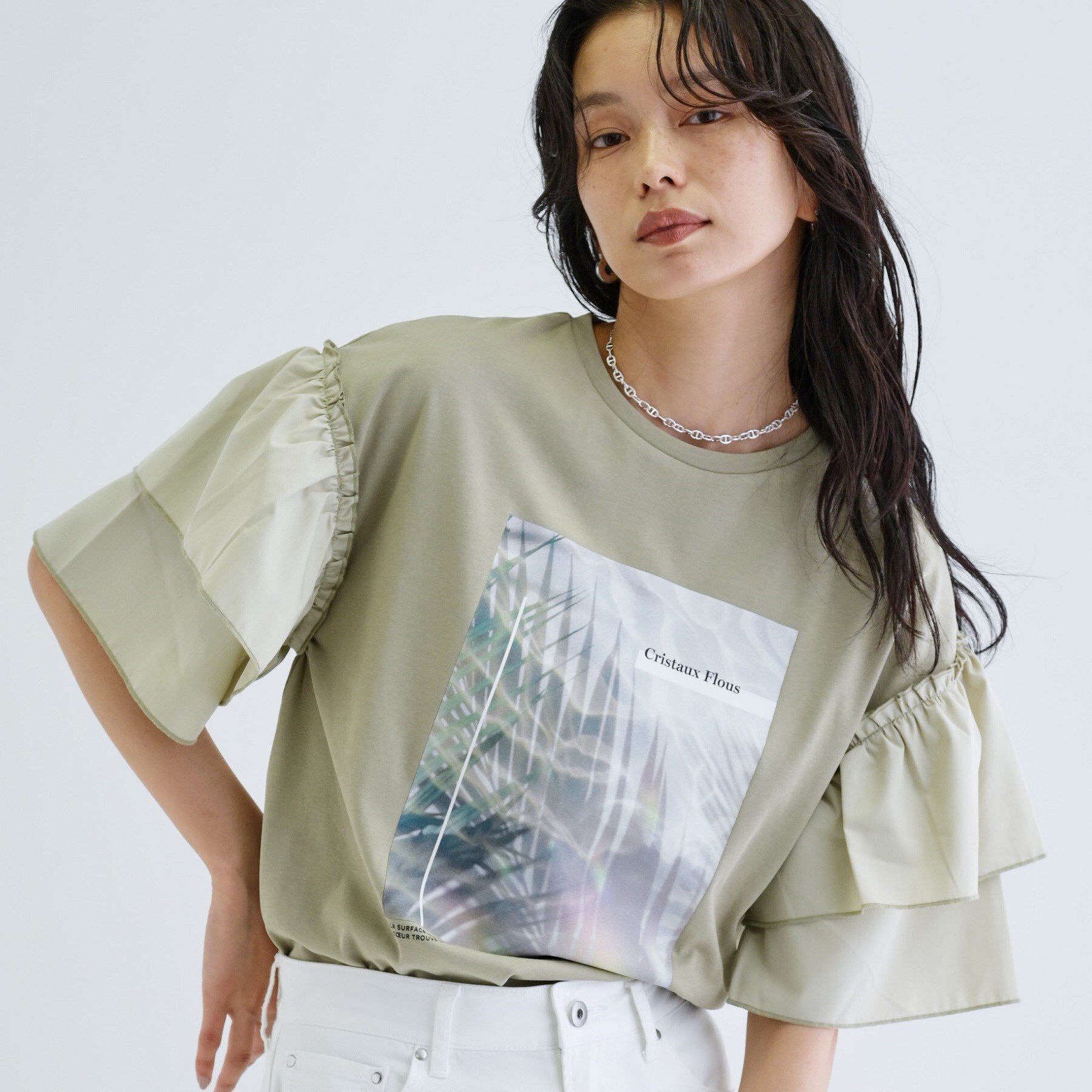 GALLEST「フリルスリーブプリントカットソー」|Tシャツ・カットソー|オリーブグリーン(0