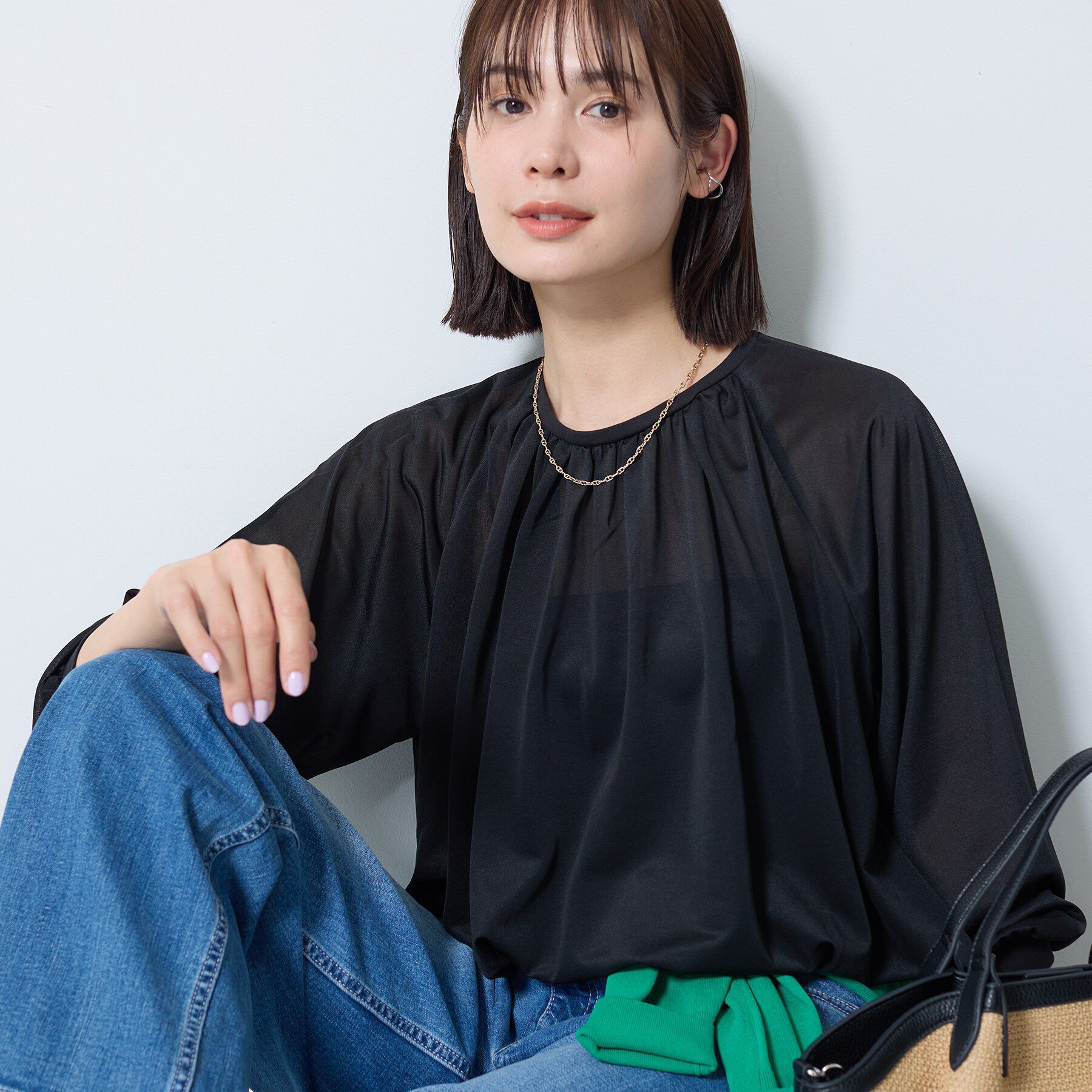 INDIVI「【体型カバー／マシンウォッシュ対応】シアージャージトップス」|Tシャツ・カットソー|ブラック(019)