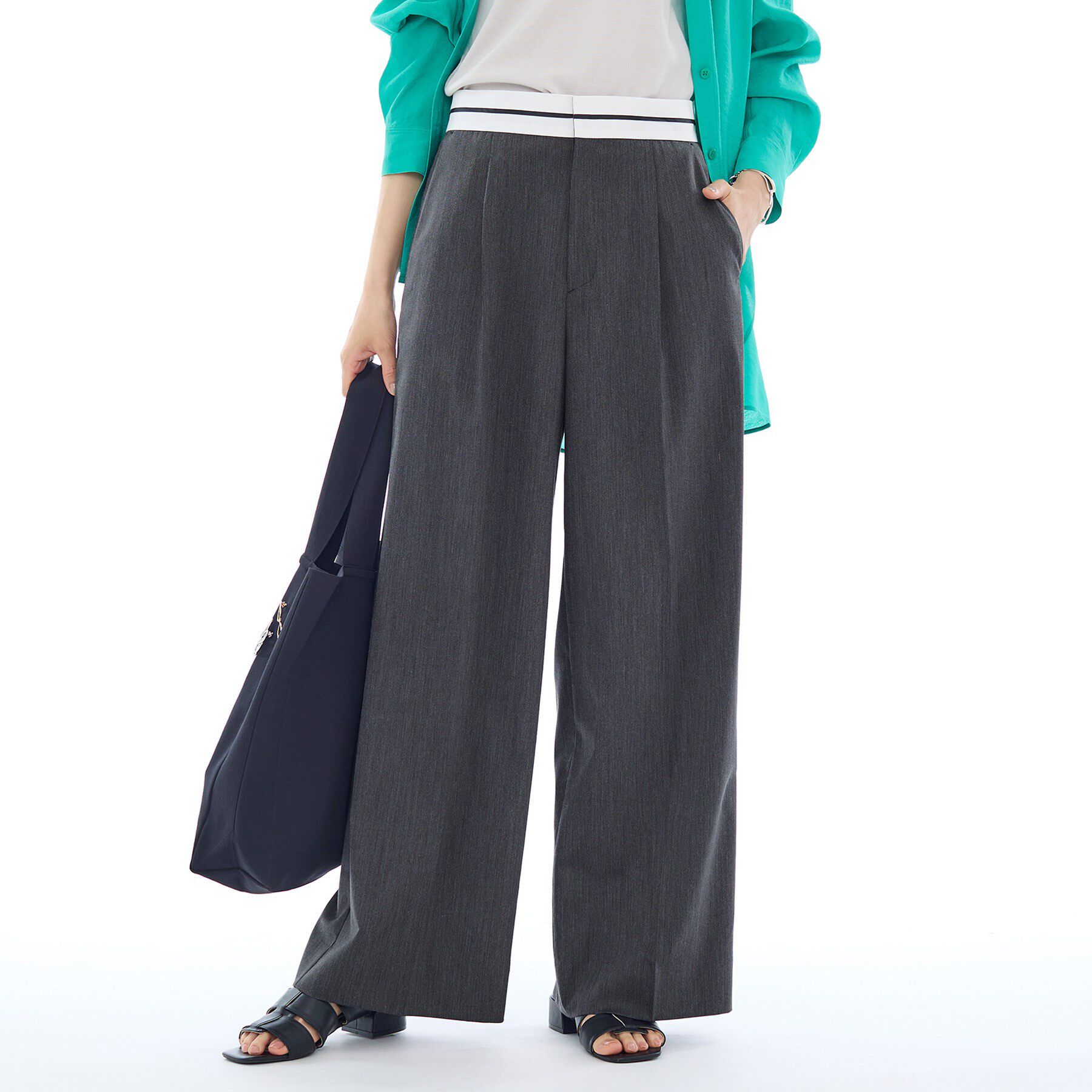 INDIVI「【ウール調素材】ベルトデザインワイドパンツ」|その他|チャコールグレー(0