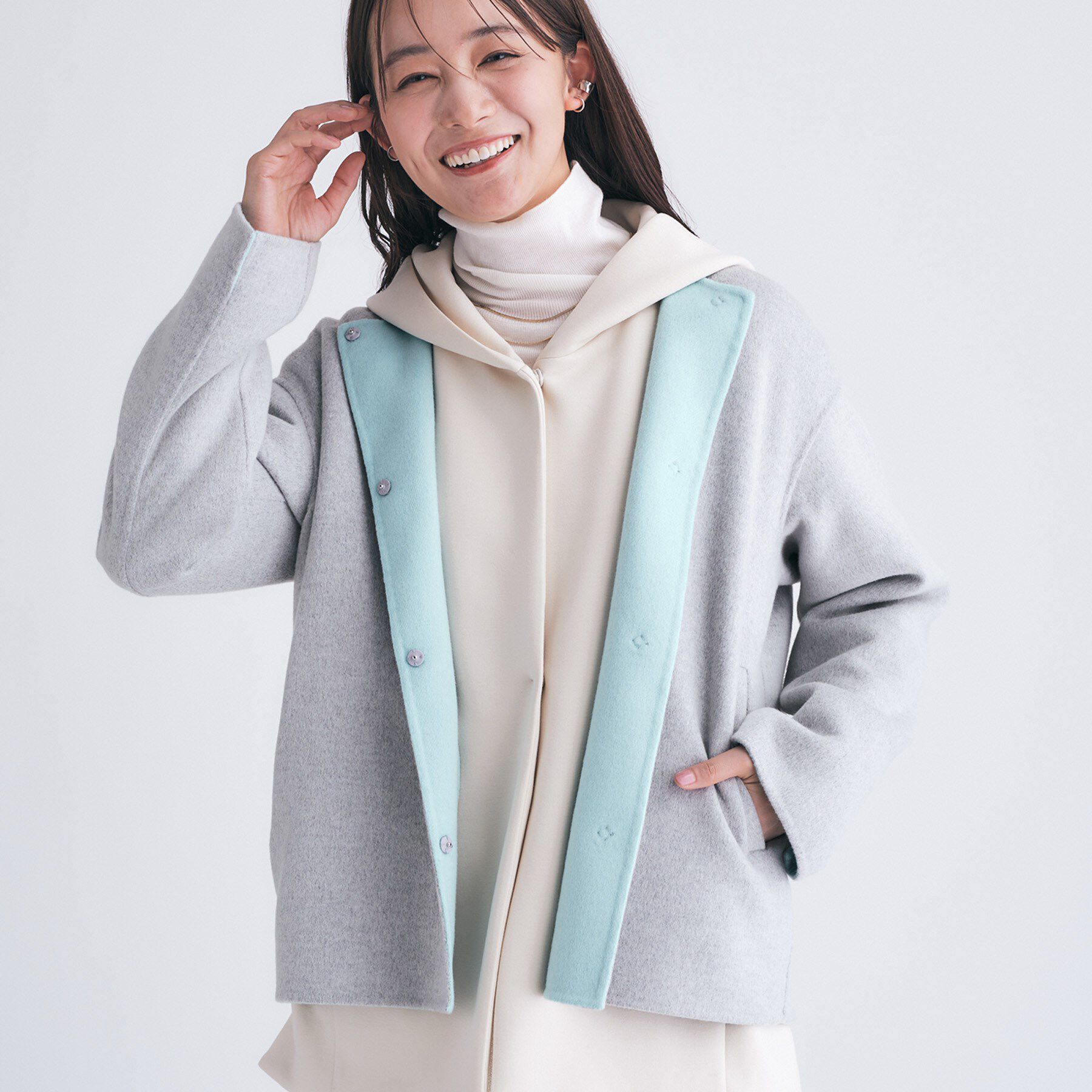 INDIVI「【配色デザイン／ショート丈】ウールリバー ノーカラーコート」|ノーカラーコート|