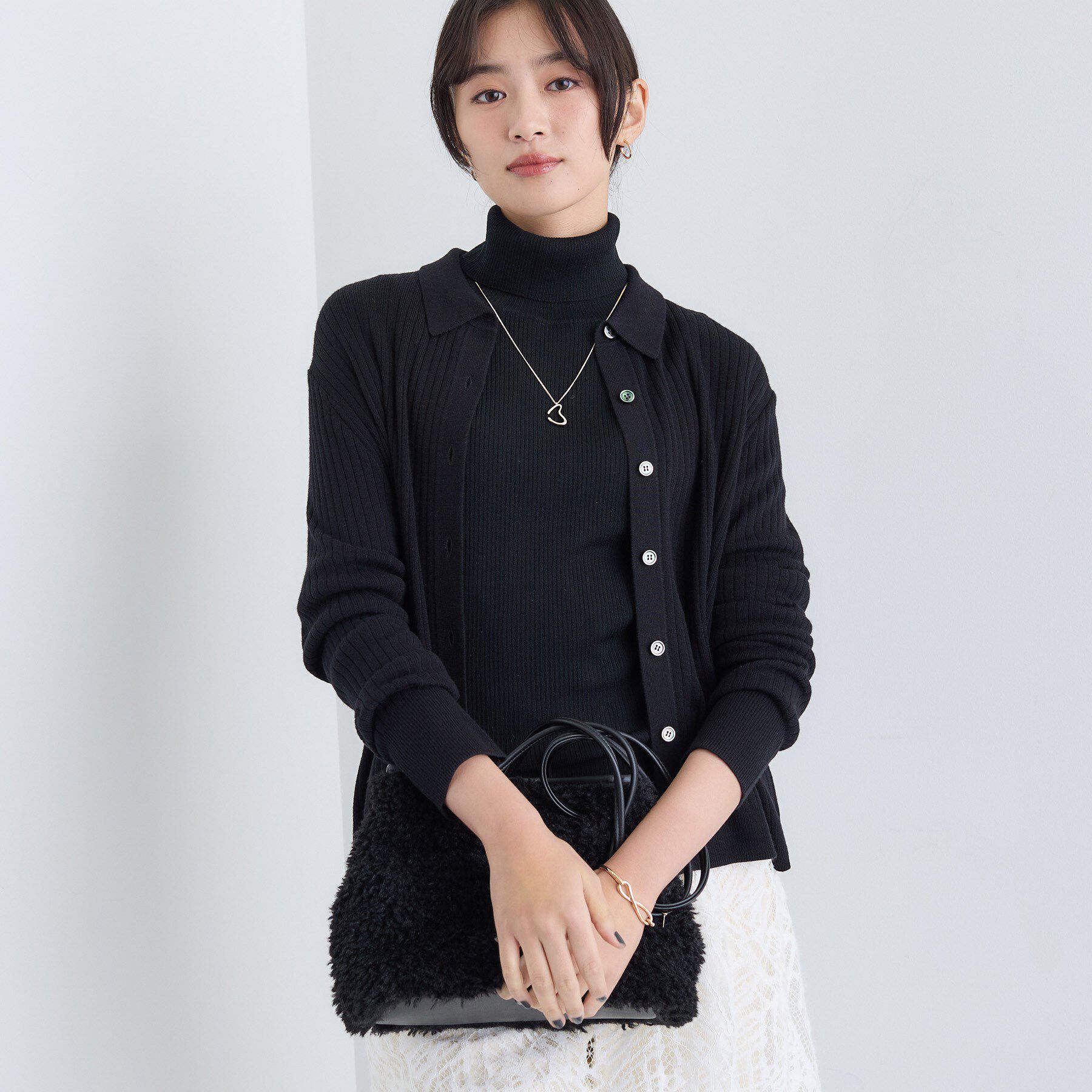 INDIVI「【トレンド】衿付きワイドリブニット」|カーディガン|