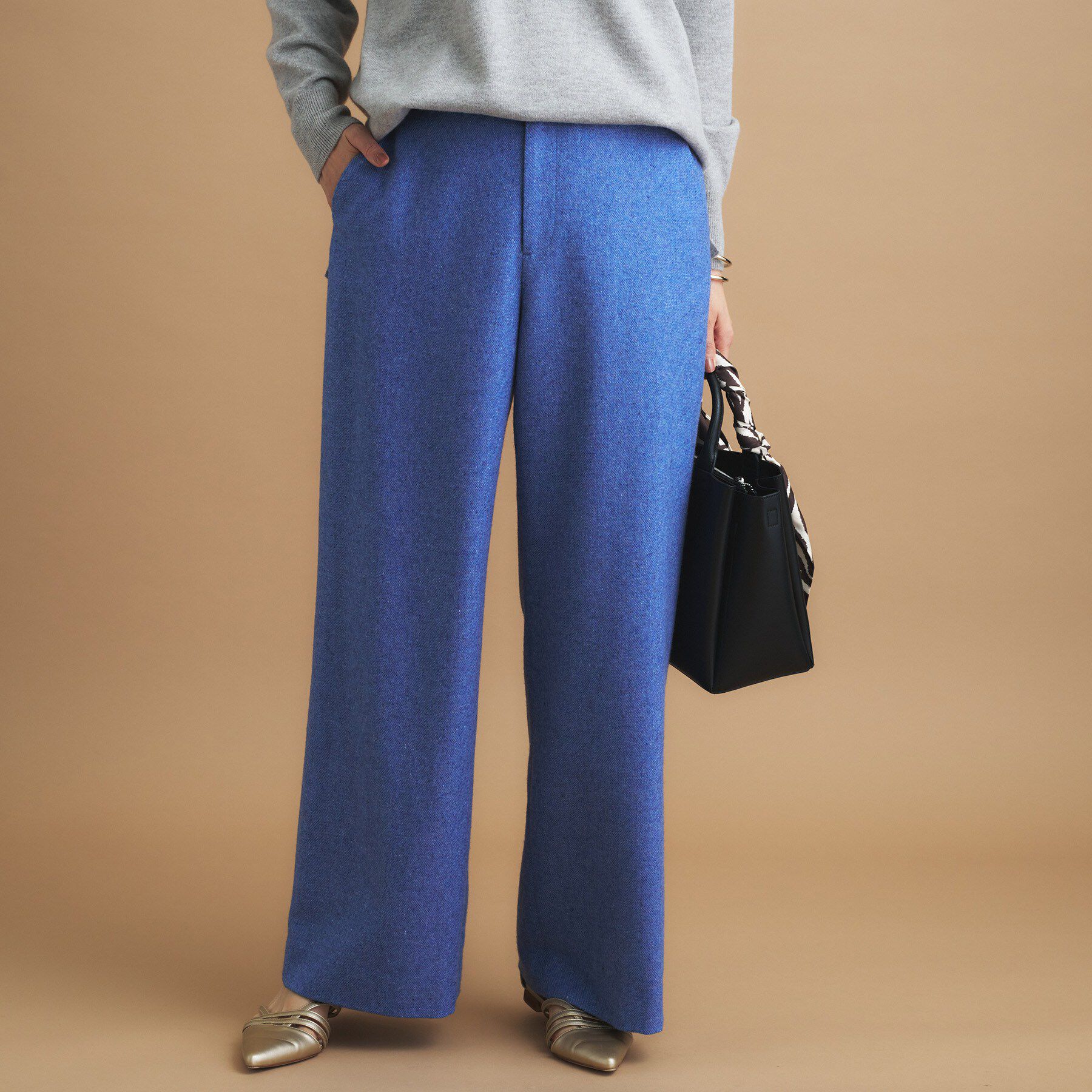 INDIVI「【褒められパンツ／ウール混】ウォームウール ワイドパンツ」|その他|ブルー(493)