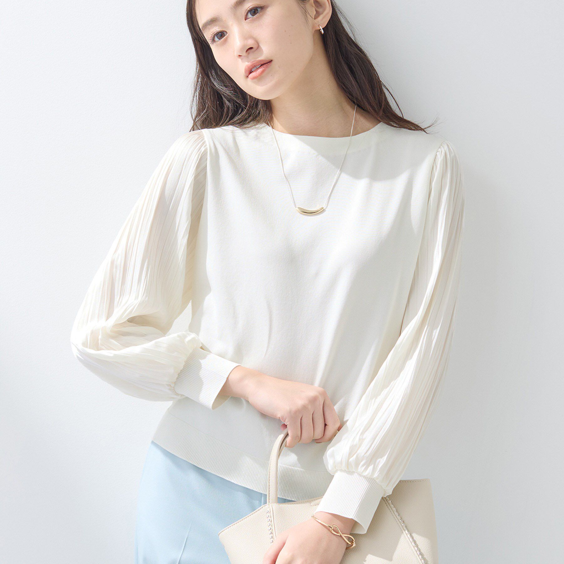 INDIVI「【洗える／華やか】袖プリーツニット」|ニット・セーター|オフホワイト(003