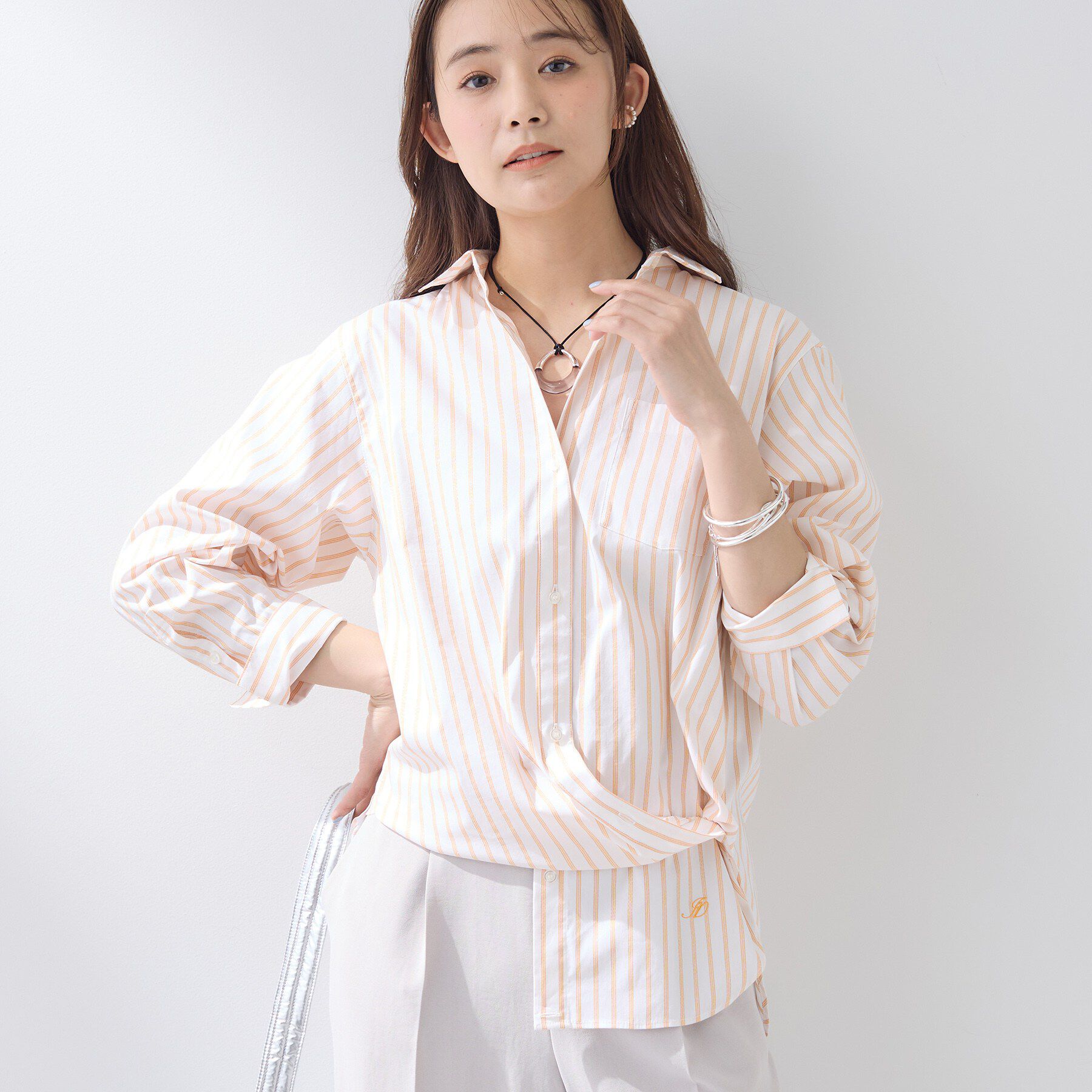 INDIVI「【2WAY／洗える】ラメストライプ コットン混シャツ」|シャツ・ブラウス|オレンジ(366)