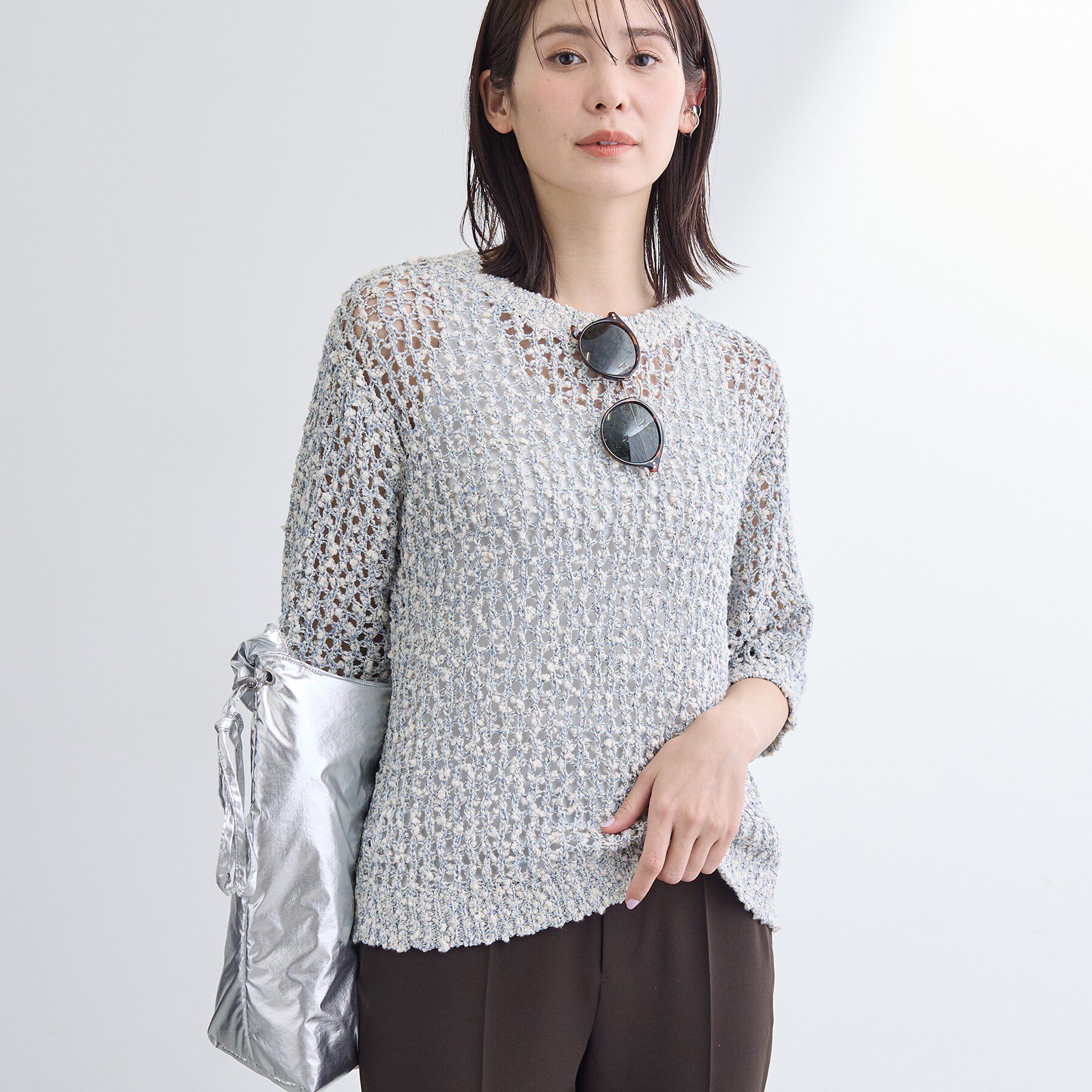 INDIVI「【洗える／ラメ混／5分袖】イタリア糸ファンシーヤーンニット」|ニット・セーター|