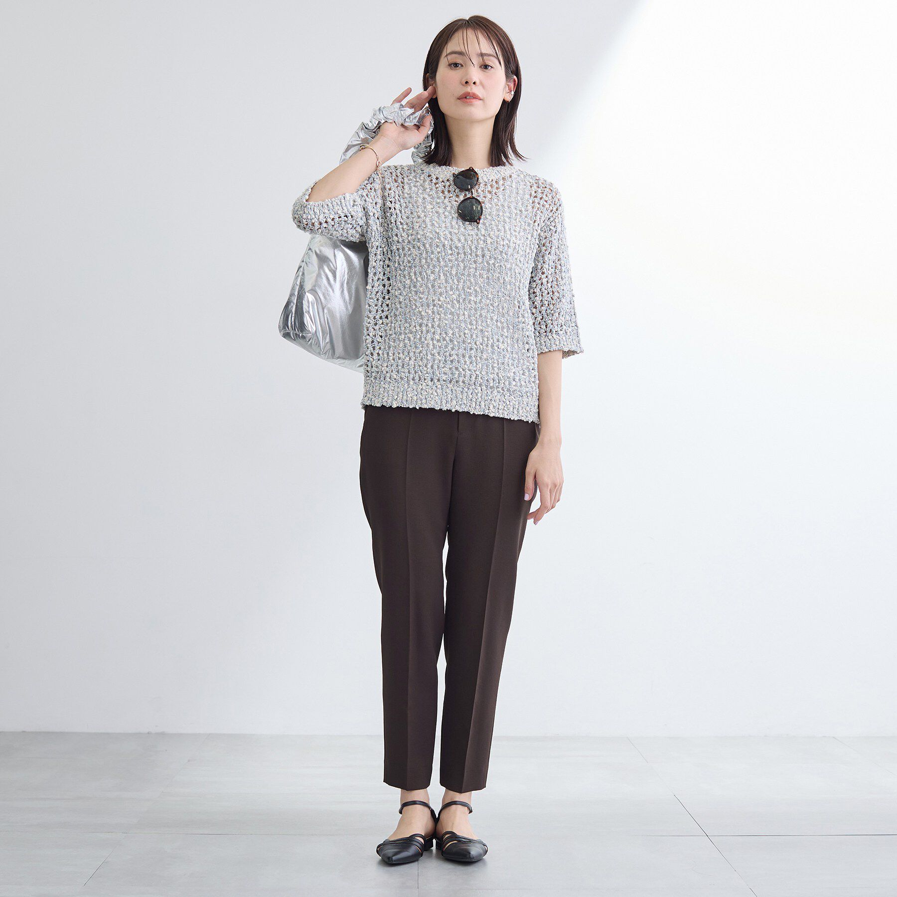 INDIVI「【洗える／ラメ混／5分袖】イタリア糸ファンシーヤーンニット」|ニット・セーター|