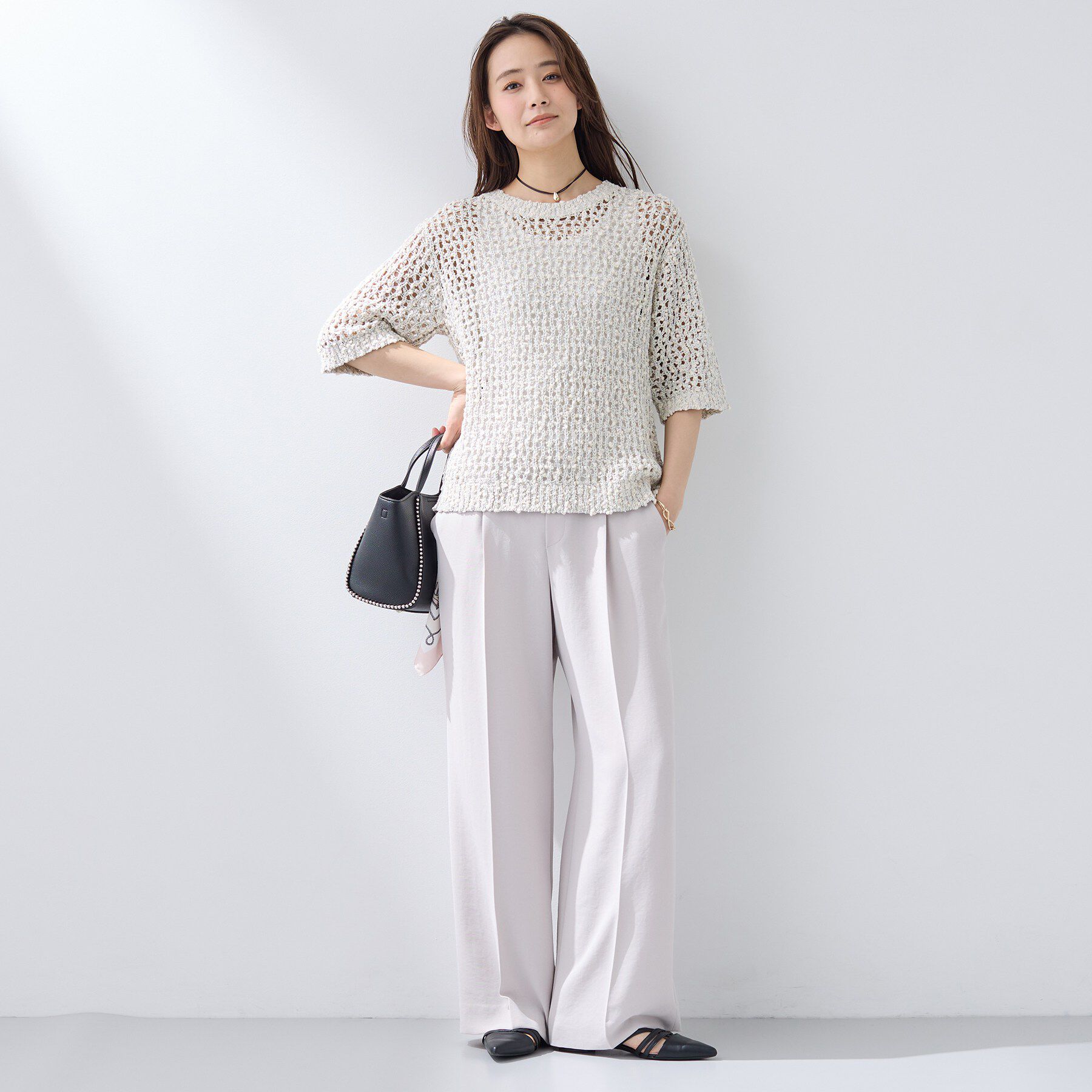 INDIVI「【洗える／ラメ混／5分袖】イタリア糸ファンシーヤーンニット」|ニット・セーター|