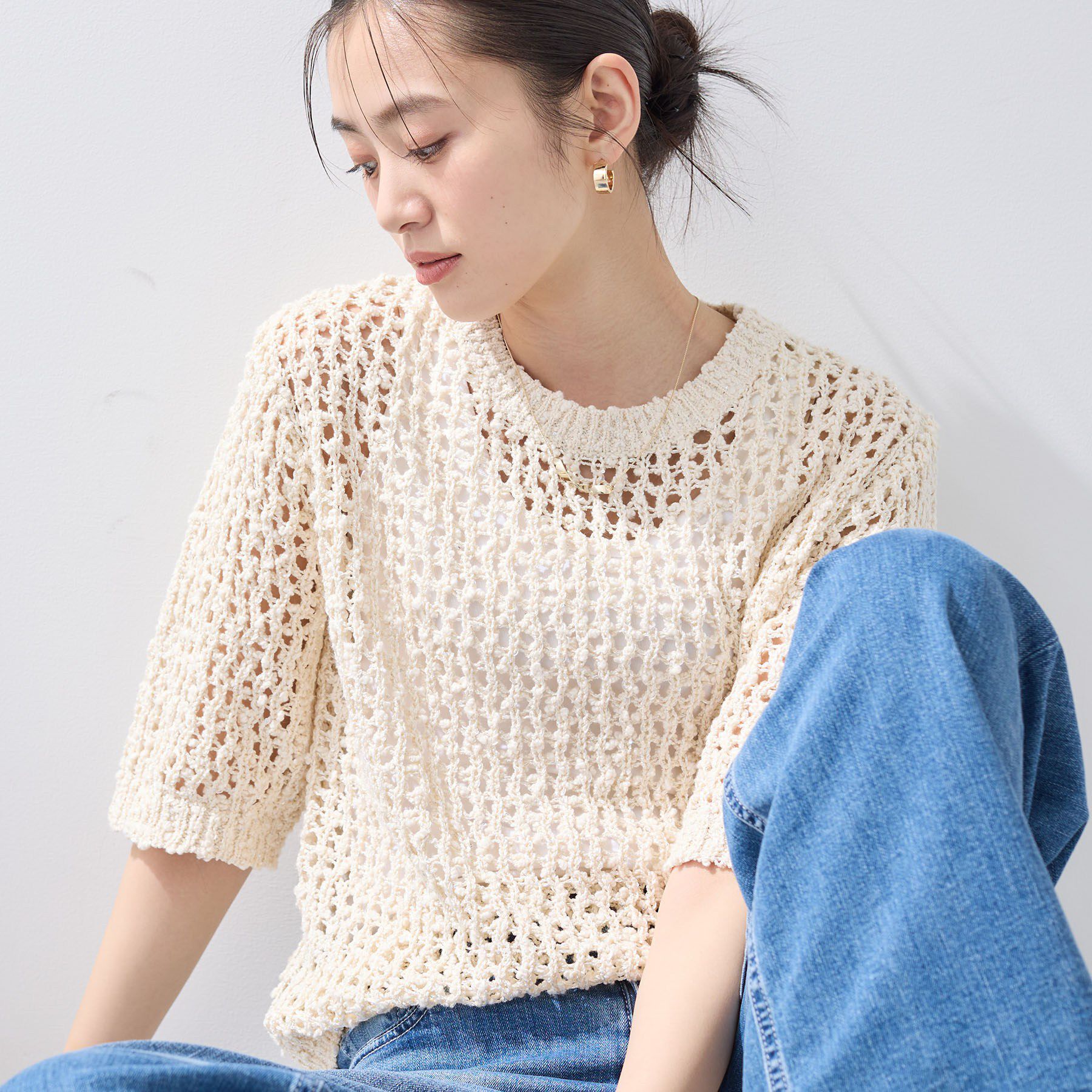 INDIVI「【洗える／ラメ混／5分袖】イタリア糸ファンシーヤーンニット」|ニット・セーター|グレージュ(450)