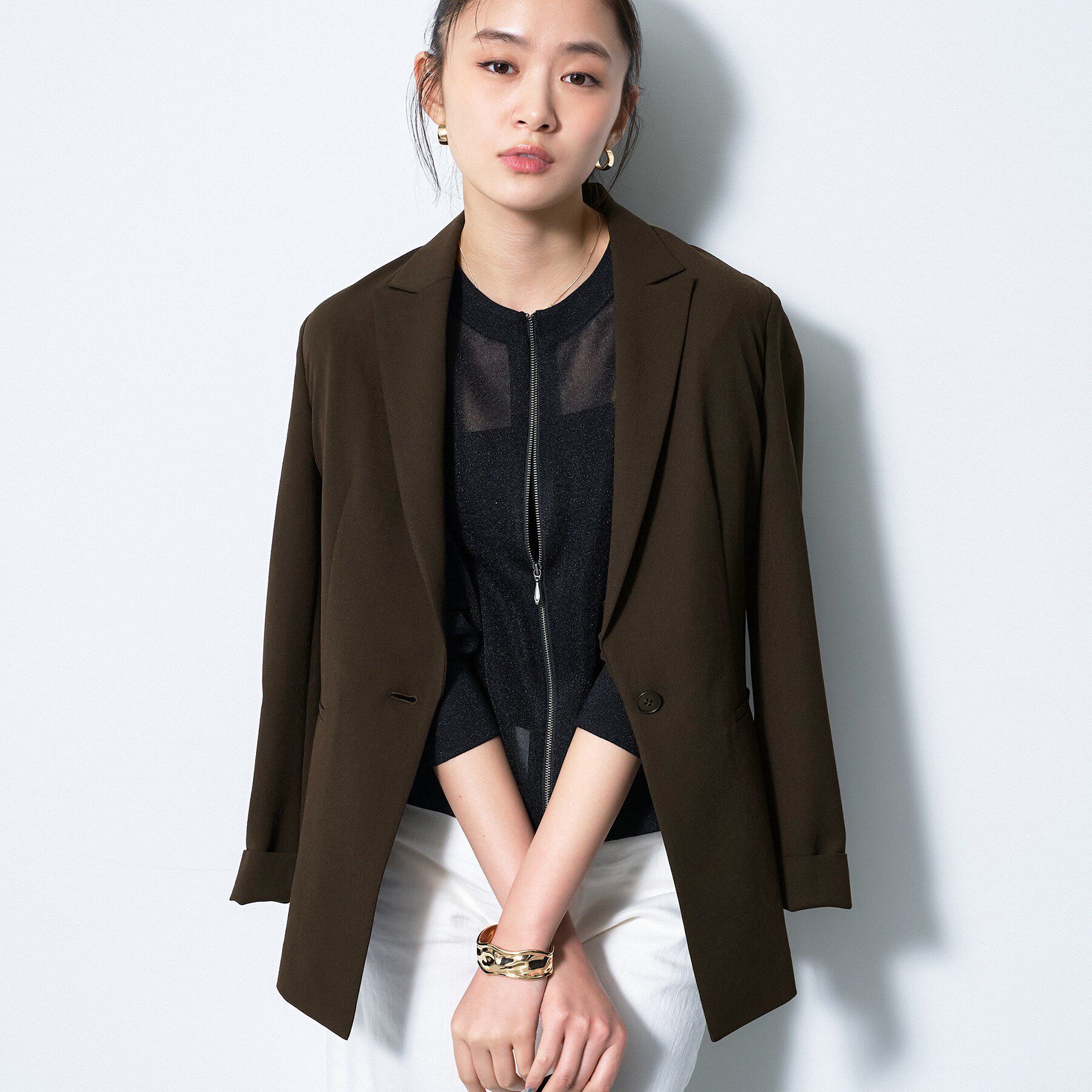 INDIVI「【洗える／UVケア／麻調】シングルジャケット」|テーラードジャケット|ブラウン(644)