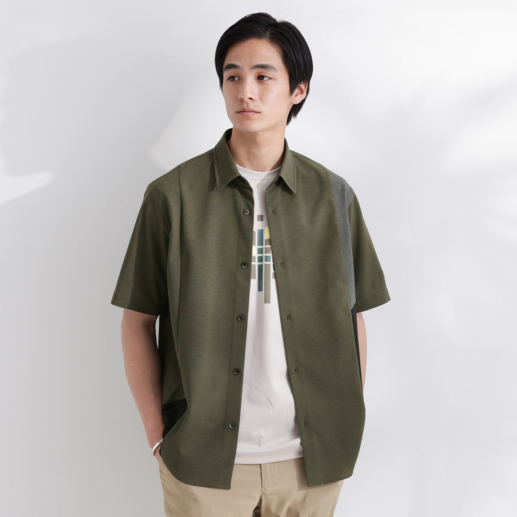TAKEO KIKUCHI「サイド切り替え 半袖シャツ」|シャツ・ブラウス|グリーン(524)