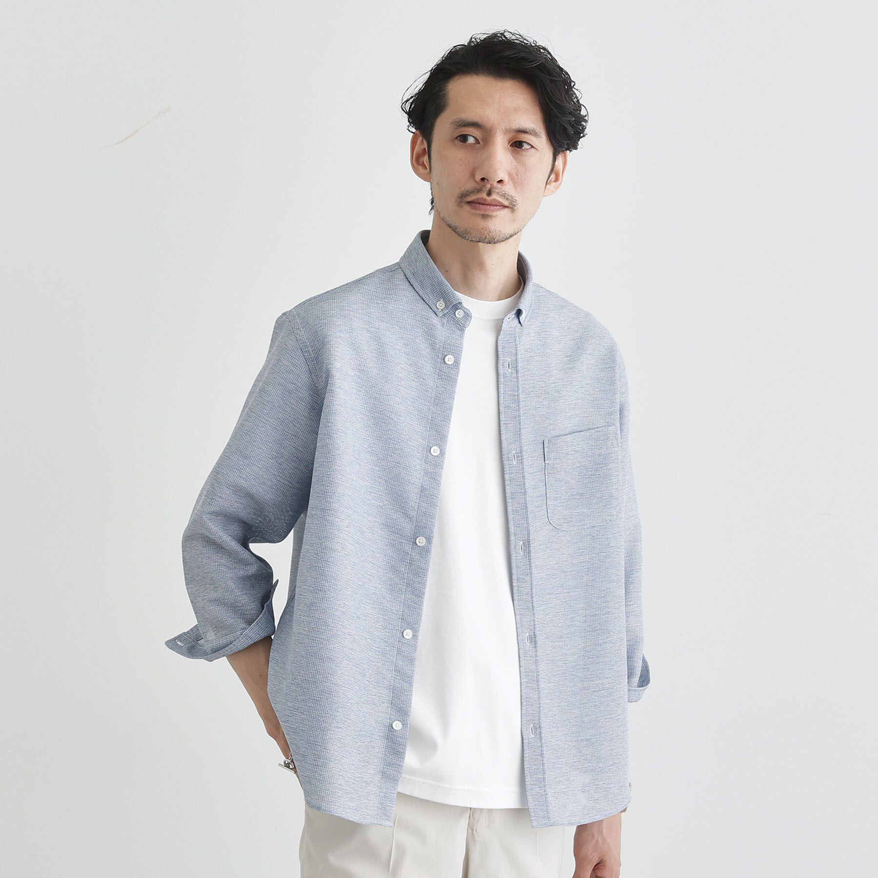 TAKEO KIKUCHI「【Sサイズ～】カラミ織り 7分袖シャツ」|シャツ・ブラウス|ブルー(091)