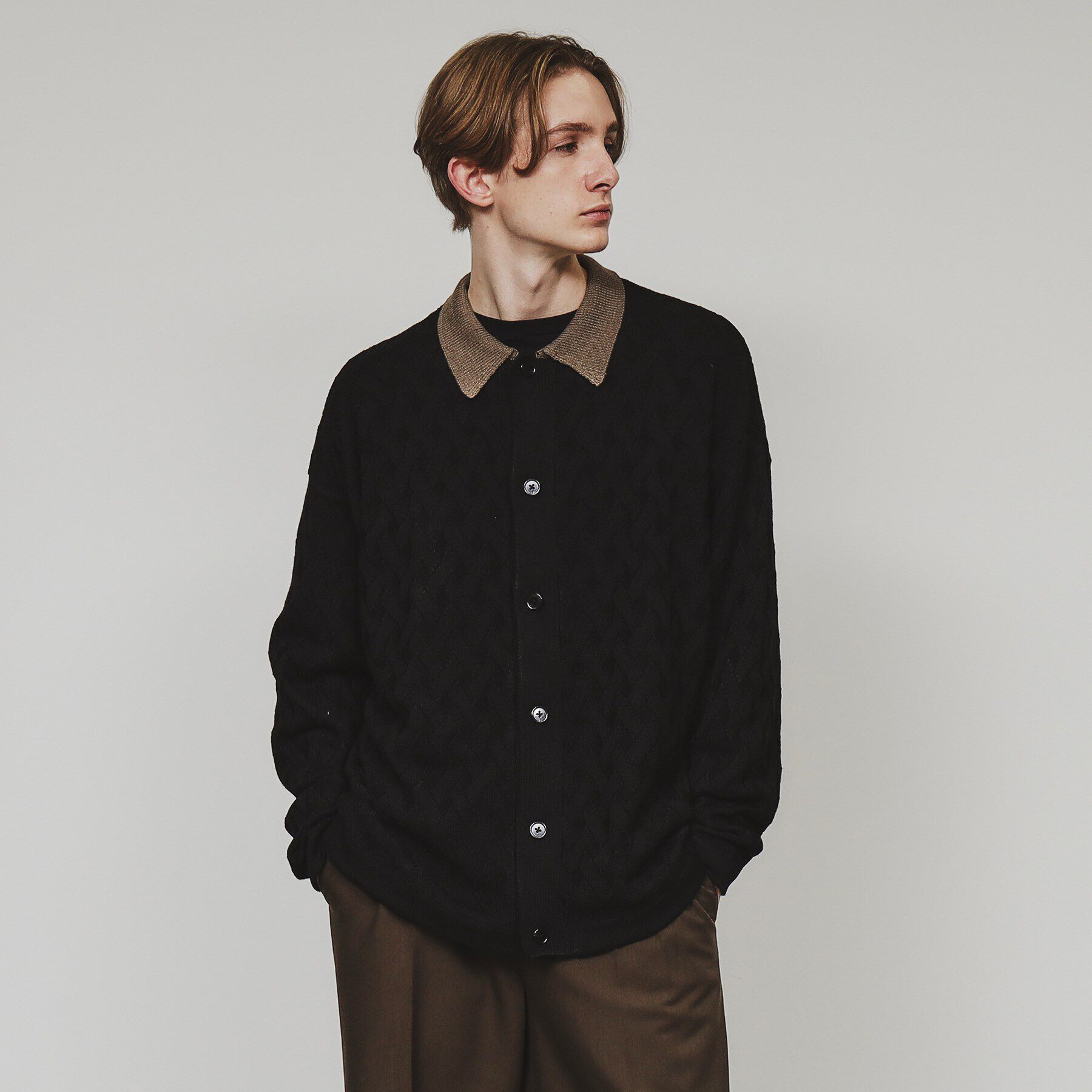 tk.TAKEO KIKUCHI「衿付きニットカーディガン」|カーディガン|ブラック(519)