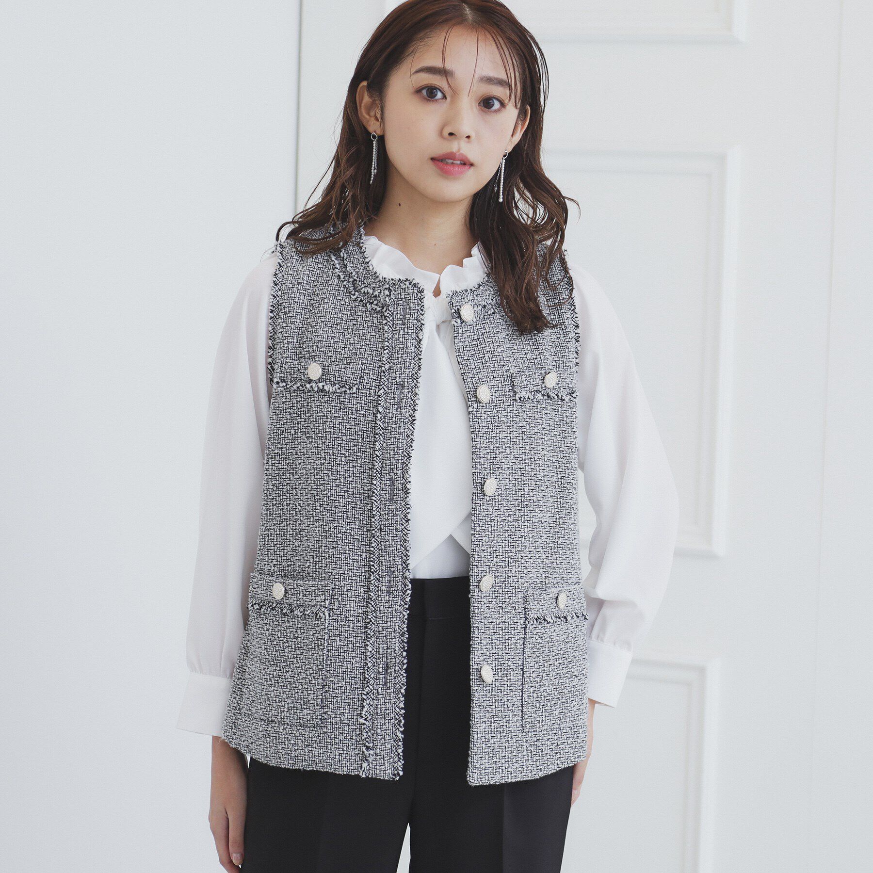 index「《美人百花掲載》ポケット付きツイードジレ/通勤・セレモニー対応【洗える】」|ベスト・ジレ|ブラック(419)