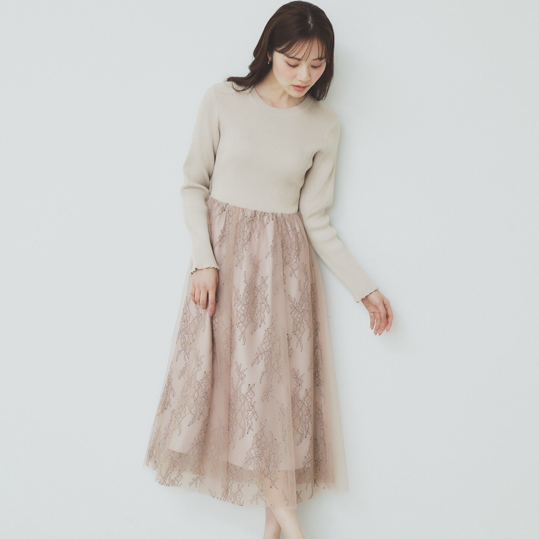 index「チュールレーススカートドッキングワンピース【洗濯機洗い可】」|ワンピース|