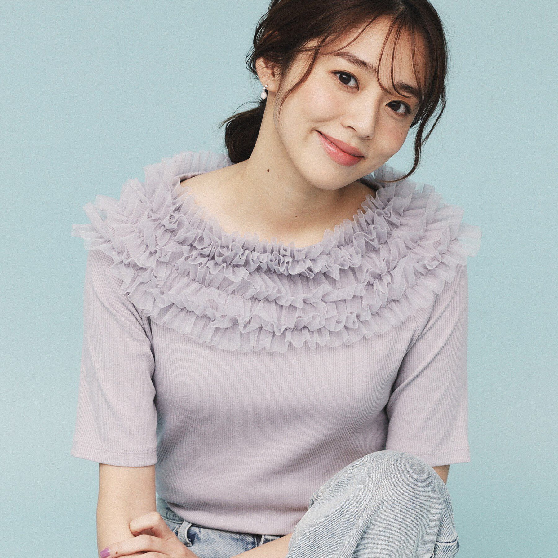 index「《美人百花掲載》チュールフリルリブトップス【洗濯機洗い可】」|Tシャツ・カットソー|ブルー(091)